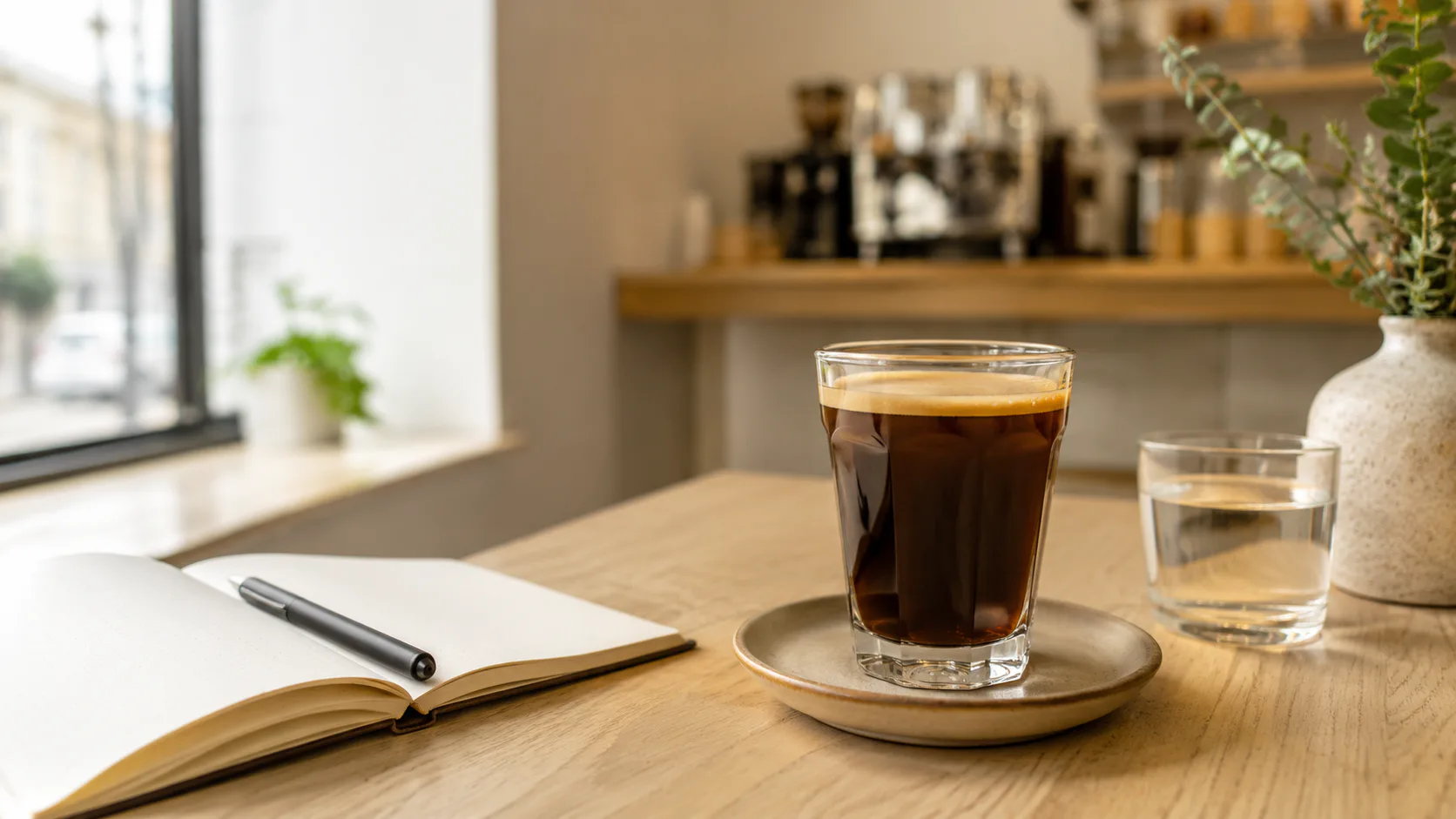 Allongé coffee in a glass on a cafe table with water and notebook