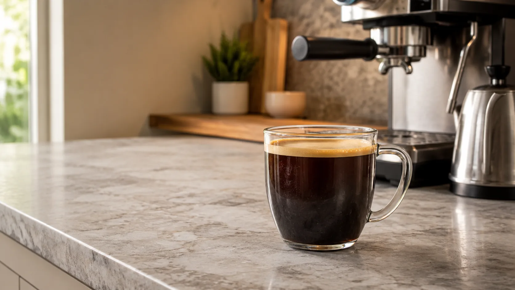 Americano coffee in a glass mug on a kitchen counter beside an espresso machine