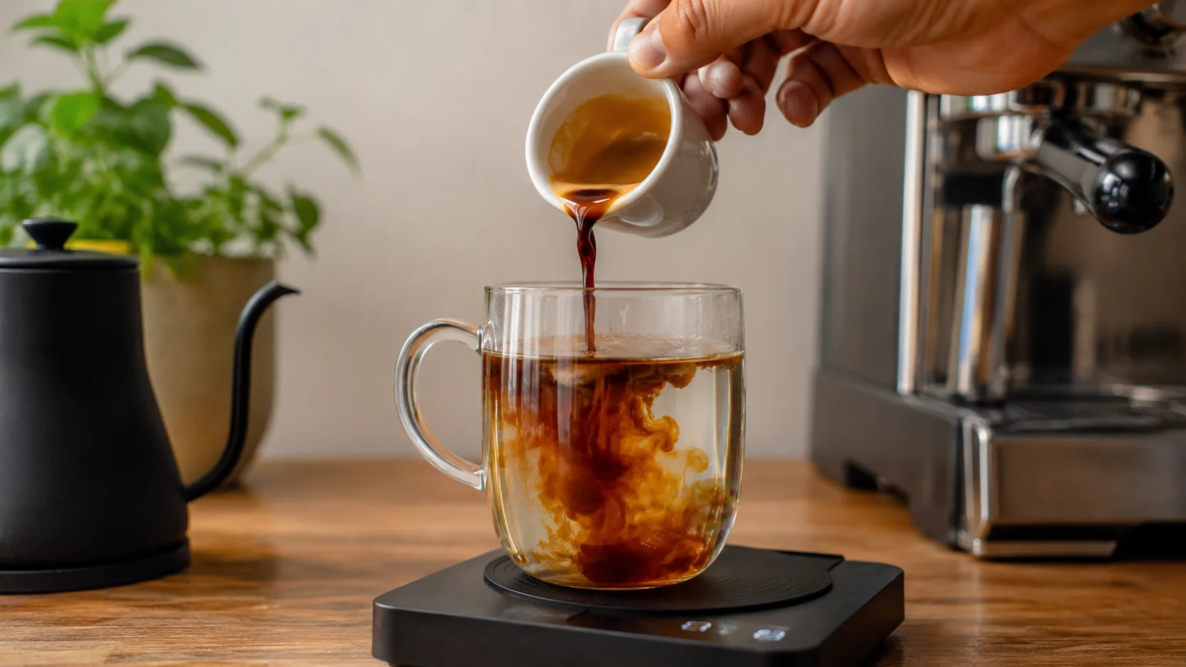 Espresso being poured into hot water to prepare an Americano beside an espresso machine