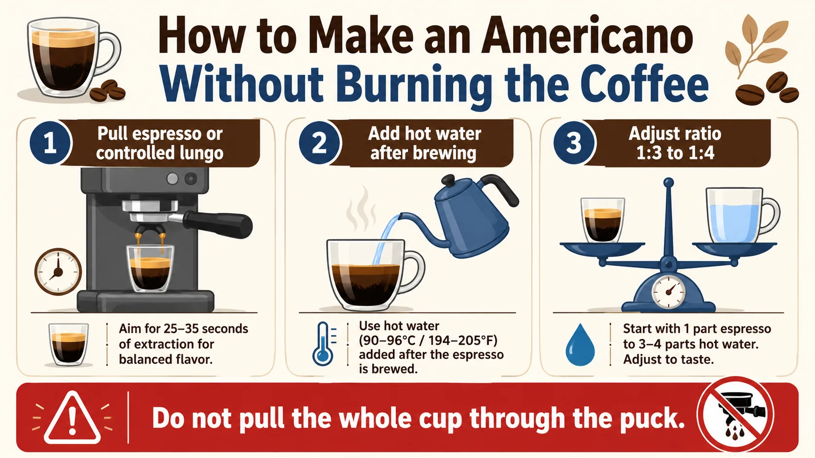 Americano preparation infographic showing espresso, hot water, and a 1:3 to 1:4 ratio