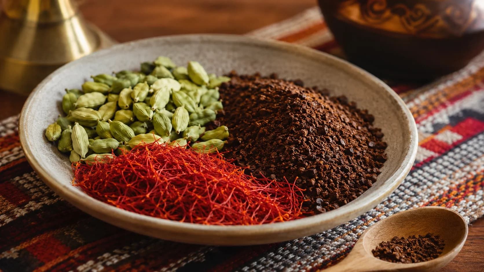 Arabic coffee ingredients with cardamom pods, saffron threads, and ground coffee