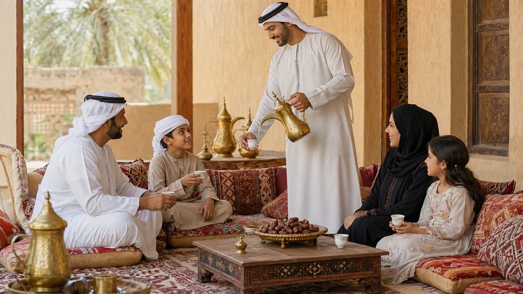 Arabic coffee being served from a dallah to a family with dates