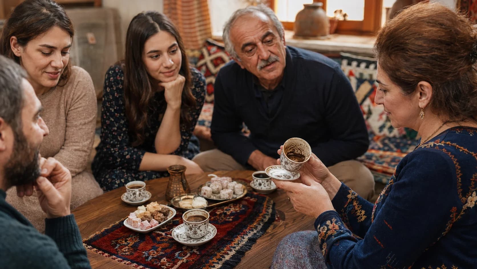 Armenian coffee served to a family gathering with small cups and sweets