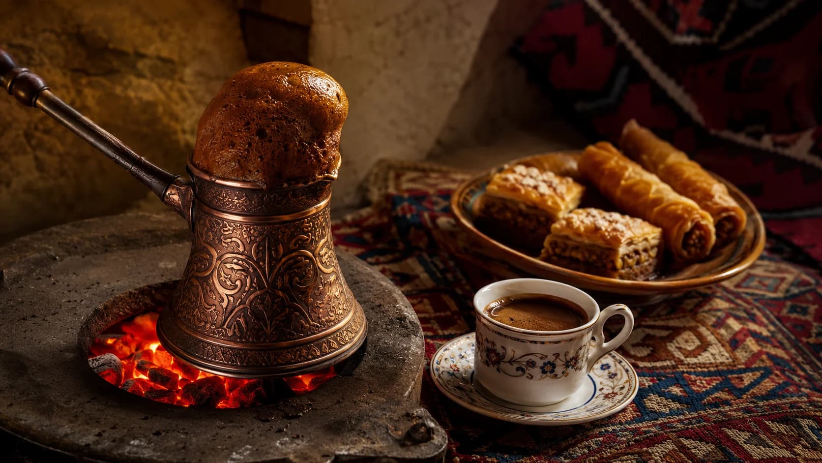 Foamy Armenian coffee rising in a copper jazzve beside sweets