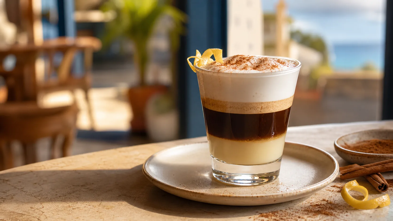 Barraquito coffee in a glass with condensed milk, espresso, foam, cinnamon, and lemon peel