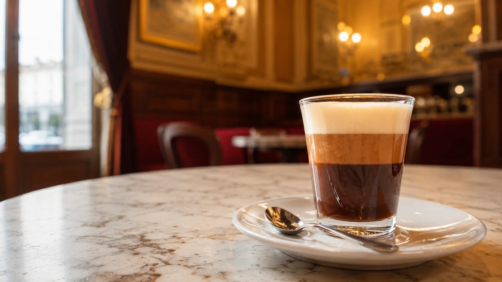 Traditional Turin bicerin with layers of dark chocolate, espresso, and pale cream in a clear glass