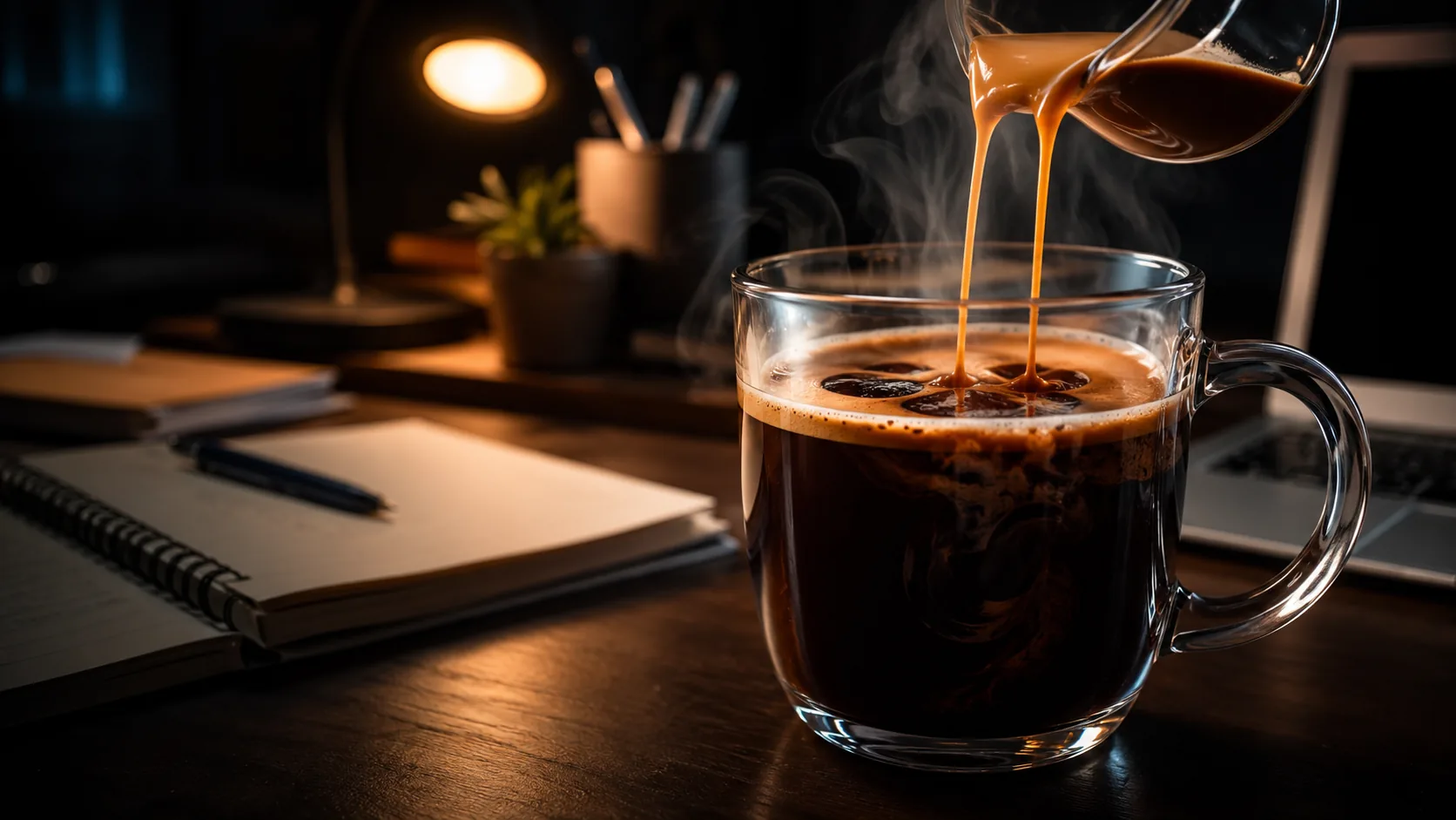 Black Eye coffee in a glass mug as double espresso is poured into drip coffee
