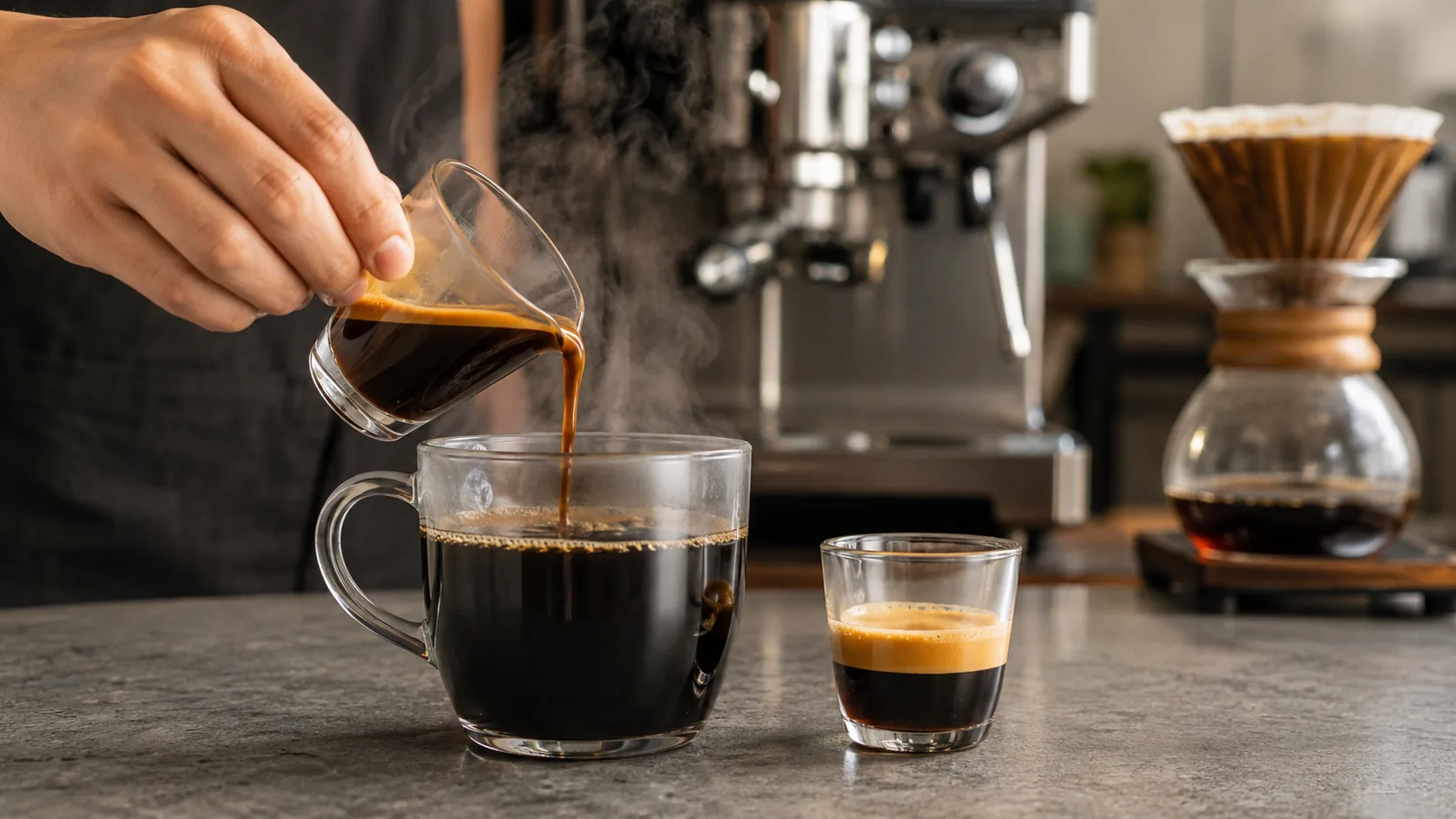 Black Eye coffee preparation with espresso being poured into brewed coffee beside filter coffee