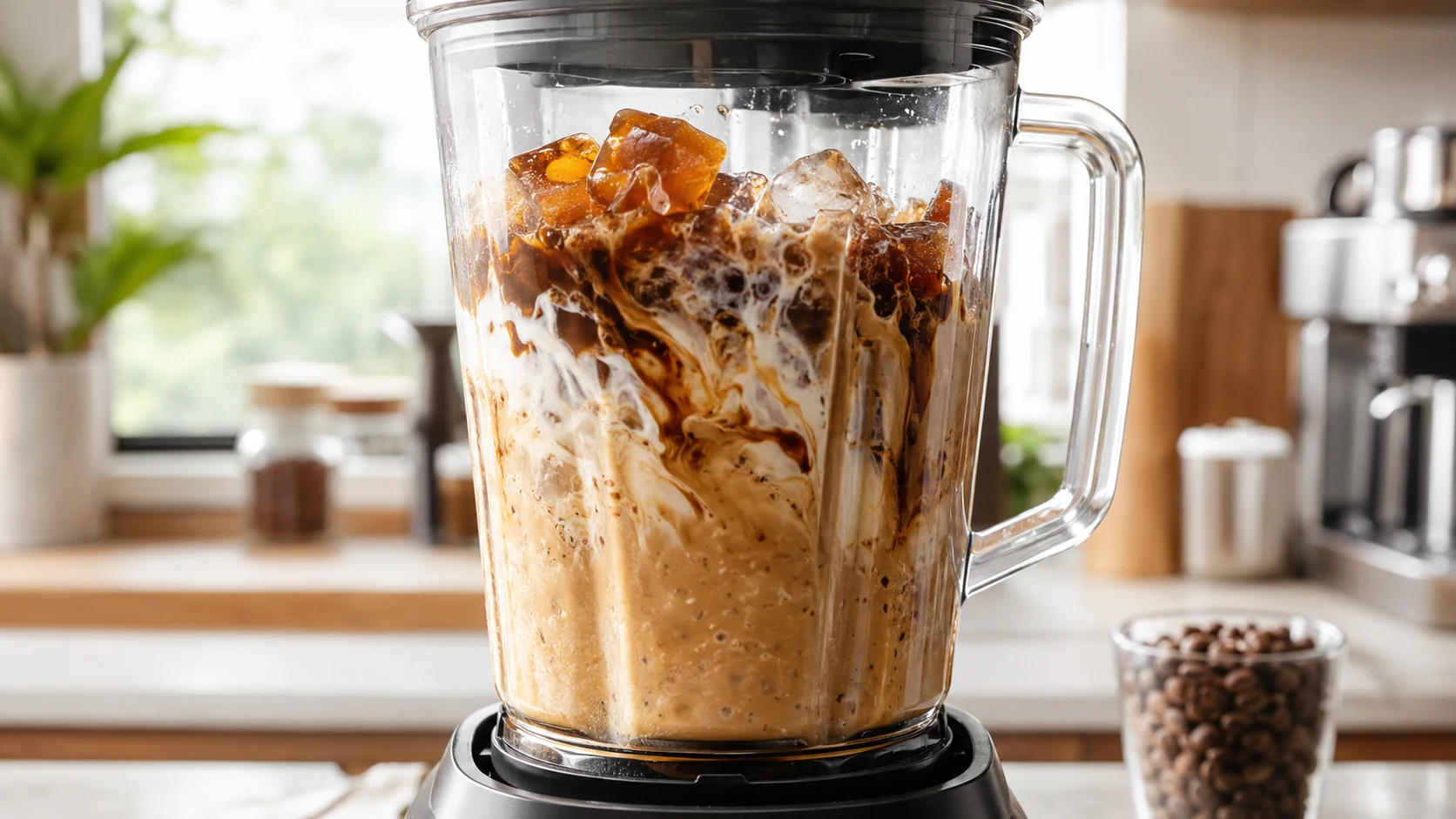 Frozen coffee cubes, chilled brewed coffee and milk blending into iced coffee slush