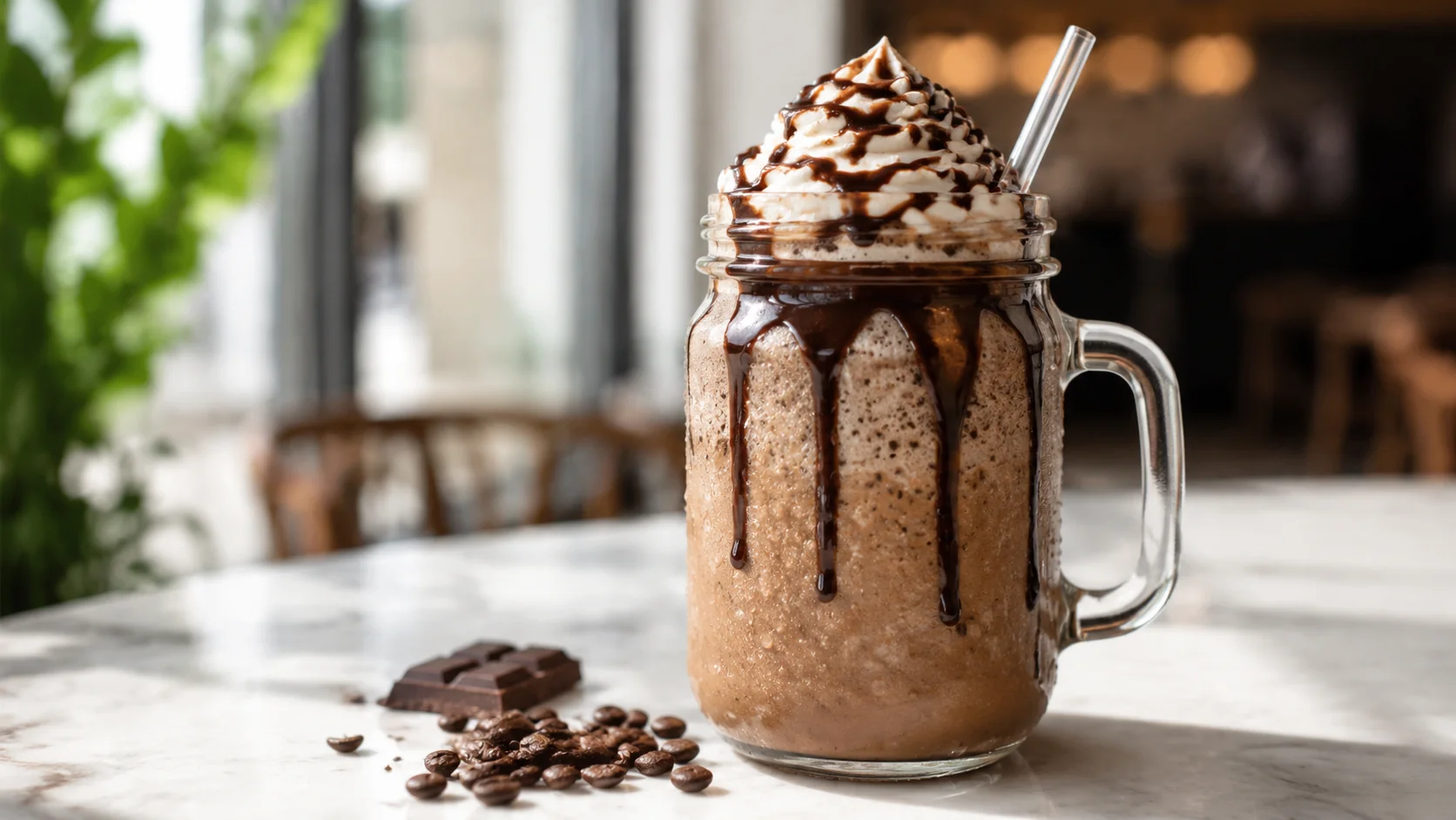 Blended iced coffee topped with optional whipped cream and chocolate