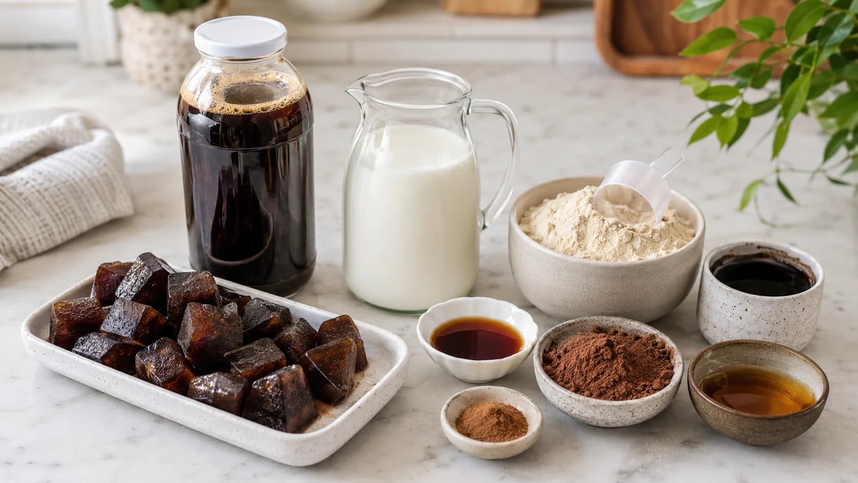 Blended iced coffee ingredients with cold brew, milk, coffee ice cubes, cocoa, and sweetener