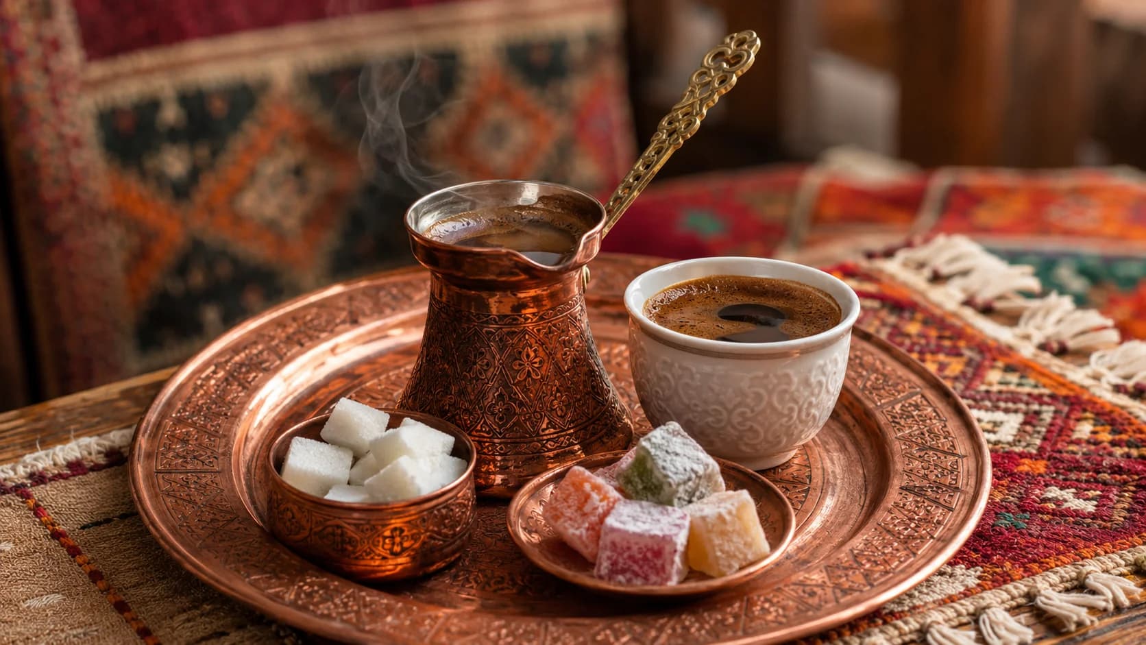 Bosnian coffee served on a copper tray with dzezva, sugar cubes, and rahat lokum