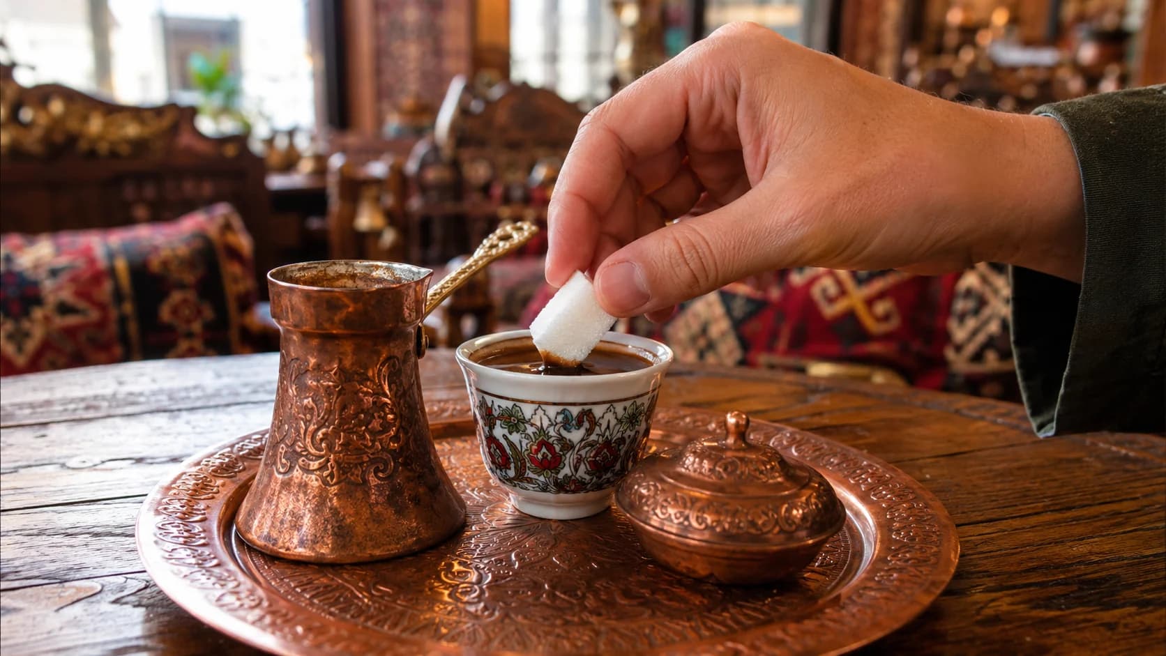 Sugar cube being dipped into a cup of Bosnian coffee beside a copper dzezva