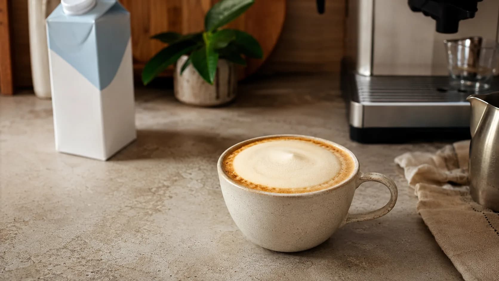 Breve coffee in a ceramic cup with half-and-half and an espresso machine nearby