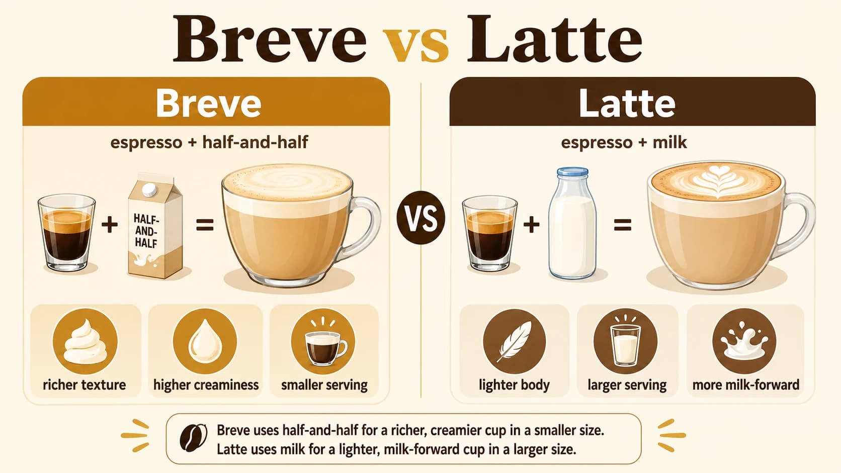 Breve coffee vs latte infographic showing espresso with half-and-half compared with espresso and milk