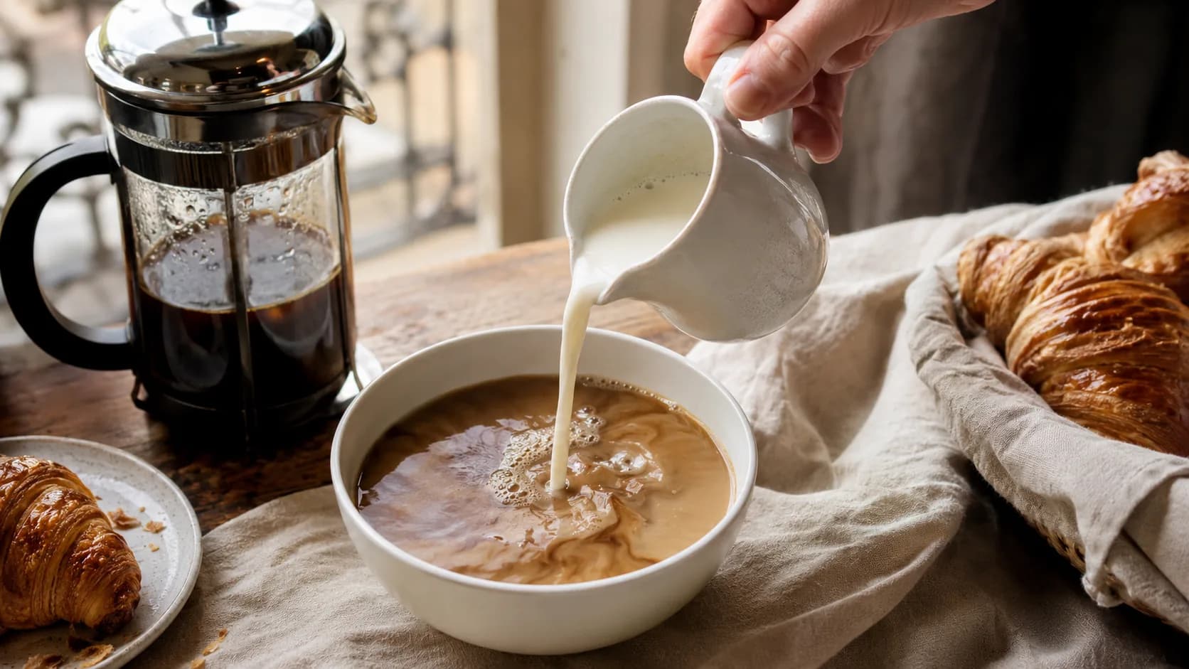 Hot milk being poured into brewed coffee in a bowl beside a French press and croissants