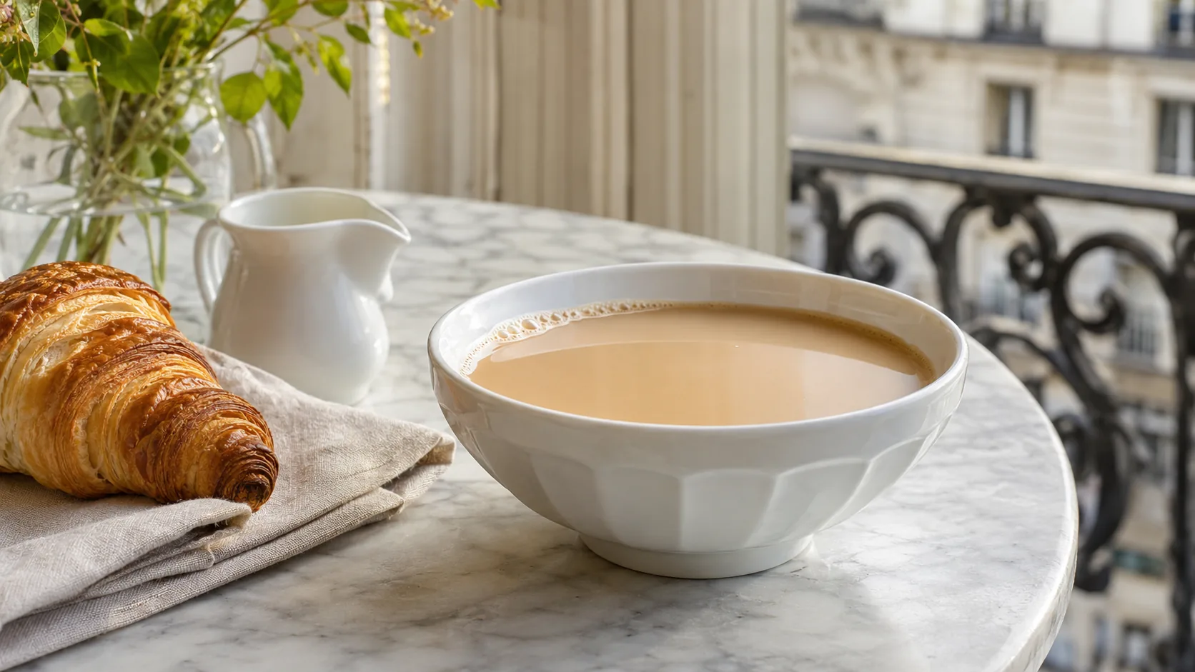 Cafe au lait served in a white breakfast bowl with a croissant and milk pitcher on a Paris cafe table