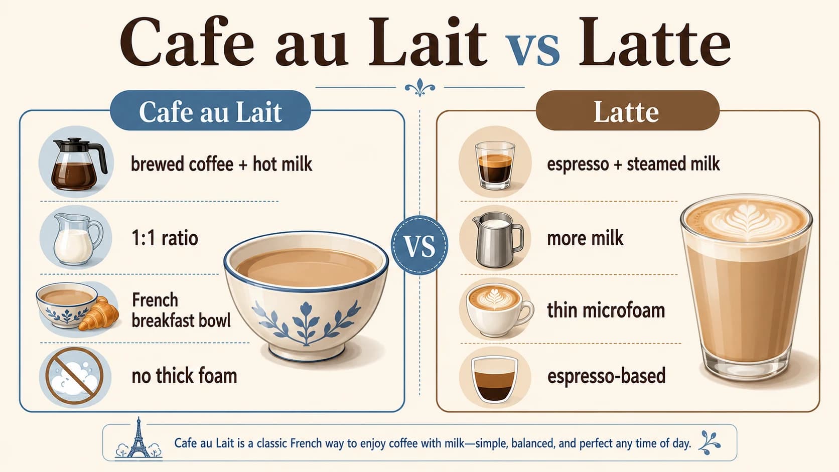 Cafe au lait vs latte infographic comparing brewed coffee plus hot milk with espresso plus steamed milk
