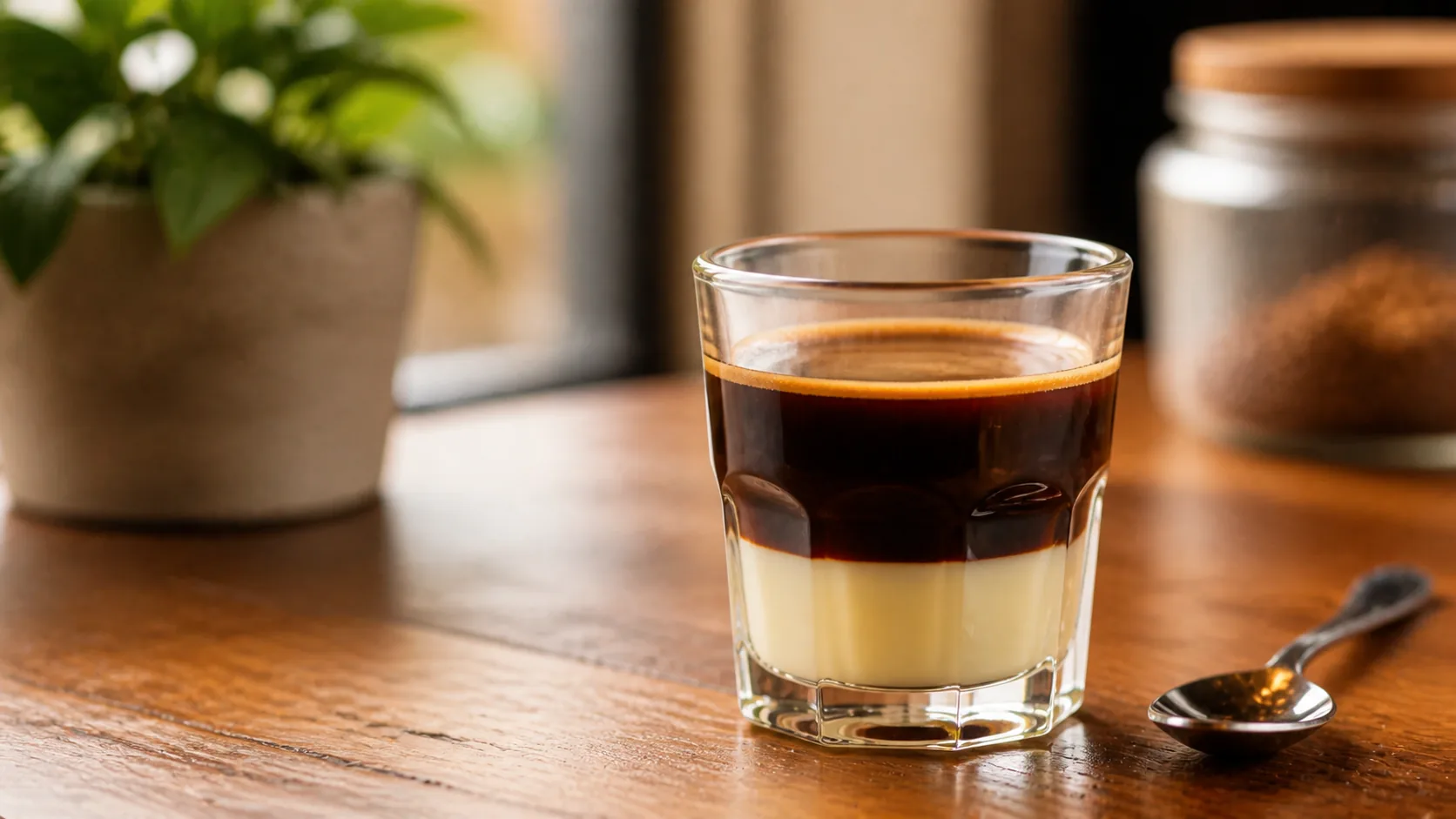 Café bombón in a glass with condensed milk and espresso layers