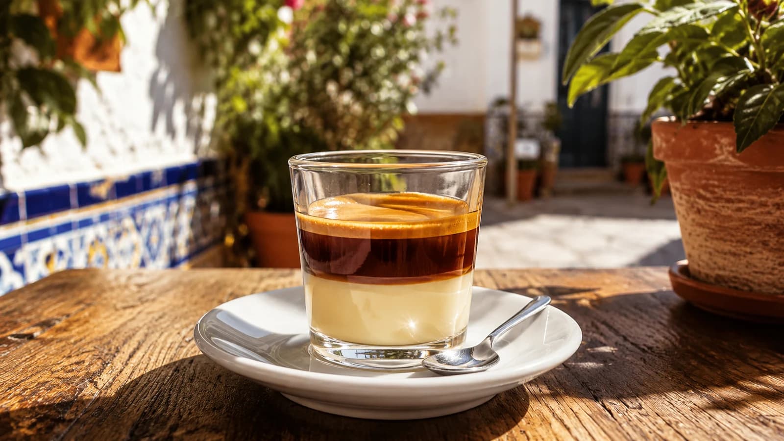 Layered cafe bombon with espresso floating over condensed milk in a clear glass