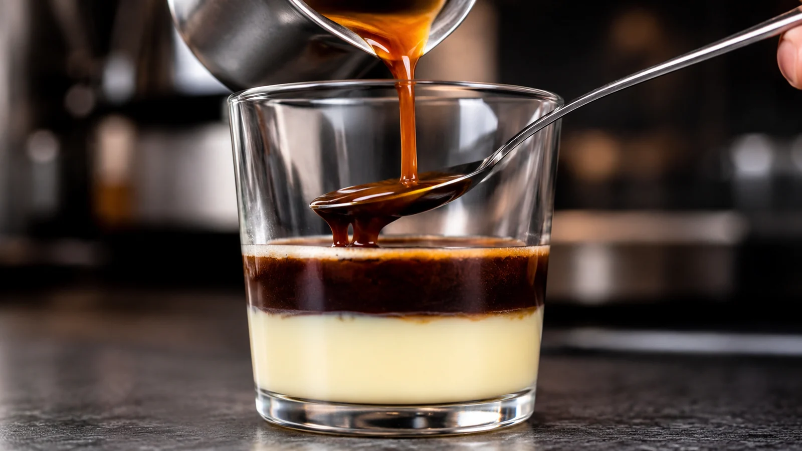 Espresso poured over a spoon to layer cafe bombon over condensed milk
