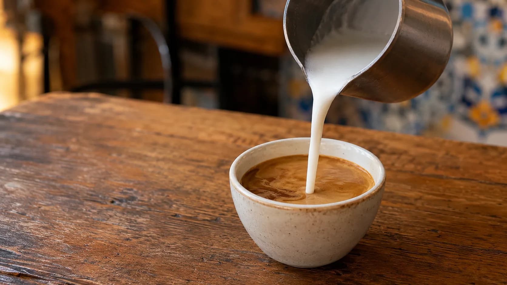 Scalded milk being poured into strong coffee to make cafe con leche