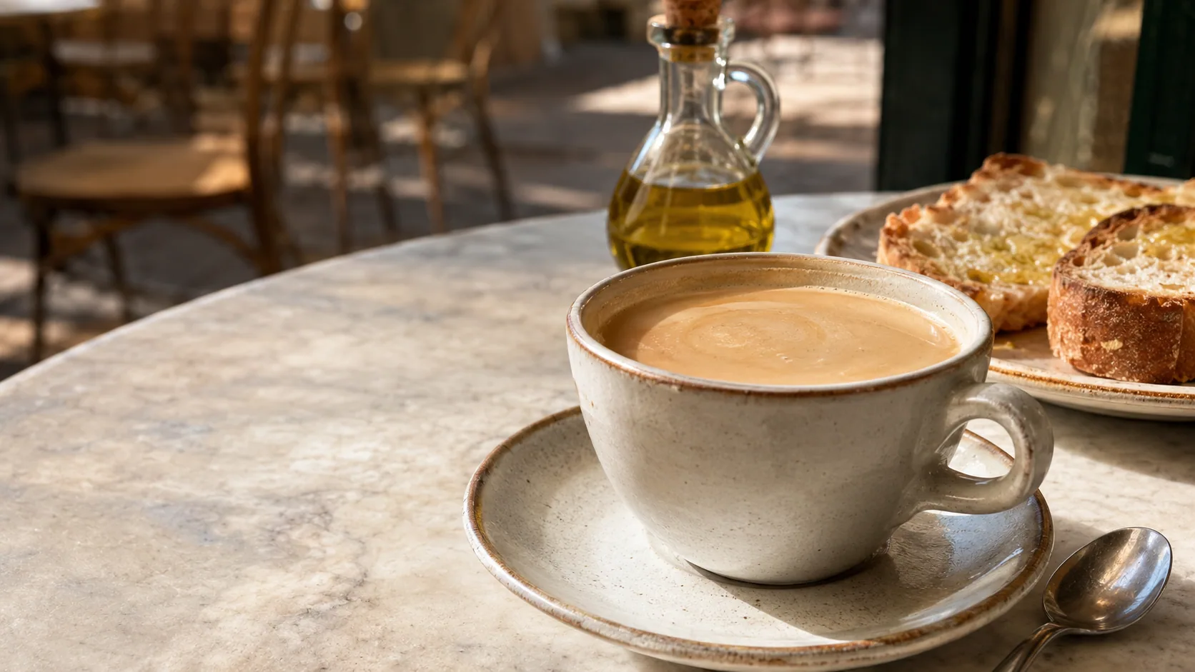 Cafe con leche in a ceramic cup with toasted bread and olive oil on a Spanish cafe table