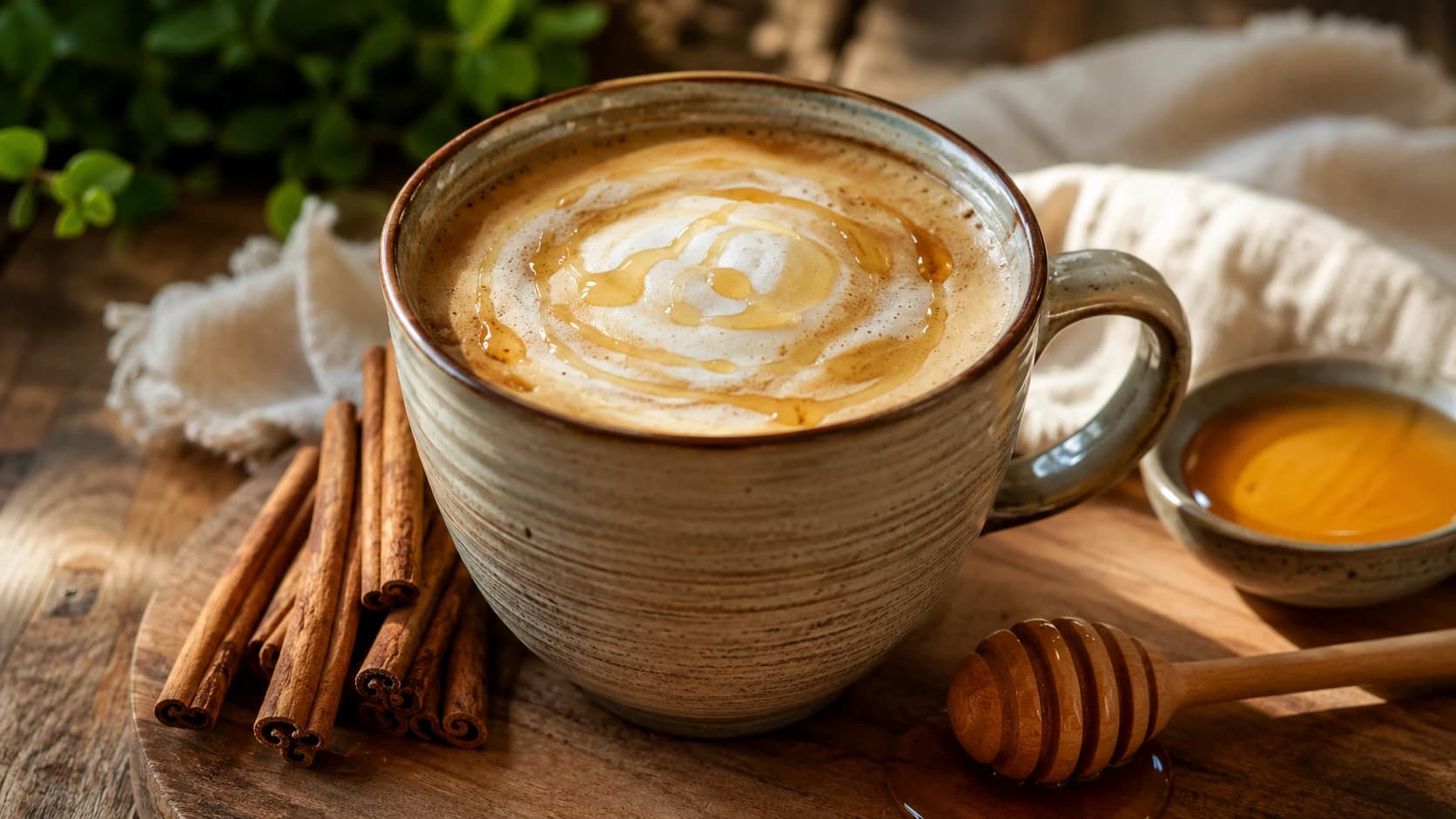 Café con miel in a ceramic mug topped with honey, with cinnamon sticks and a honey dipper