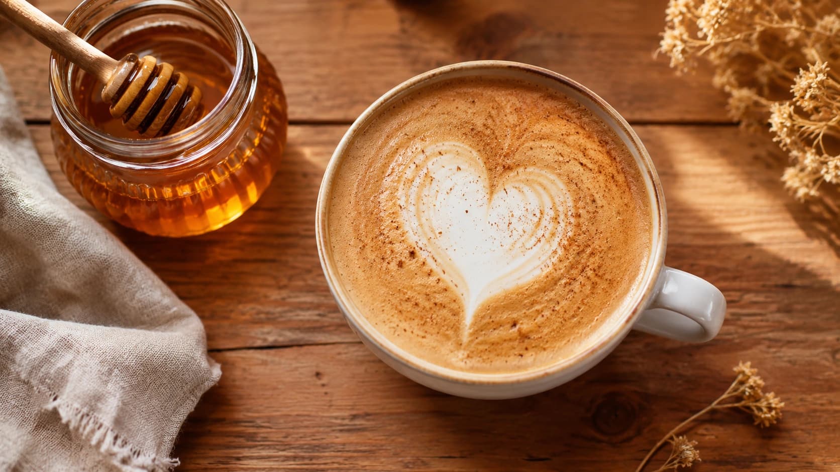 Café con miel topped with heart-shaped milk foam beside a jar of honey