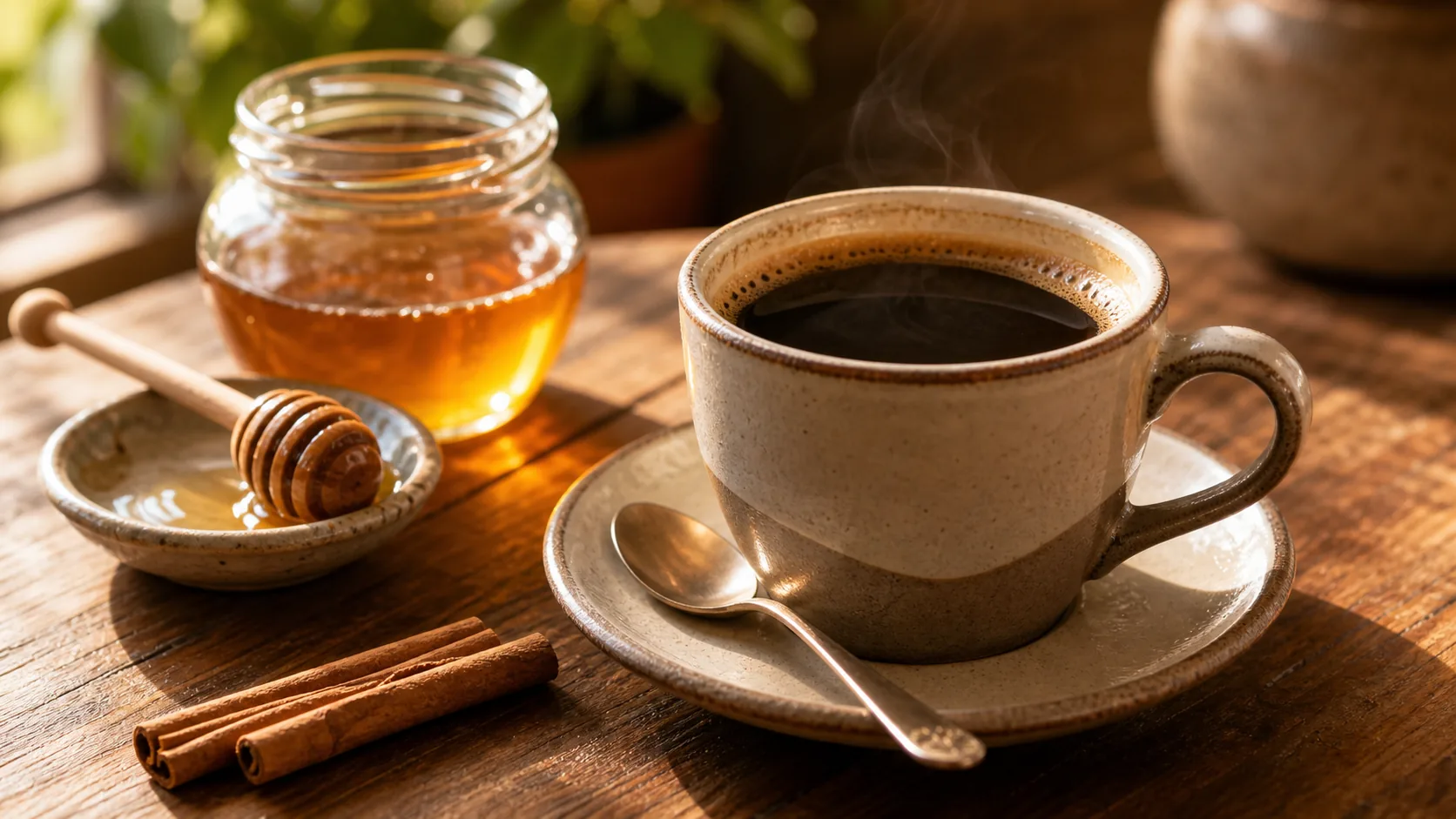 Café con miel with black coffee, honey jar, honey dipper, and cinnamon