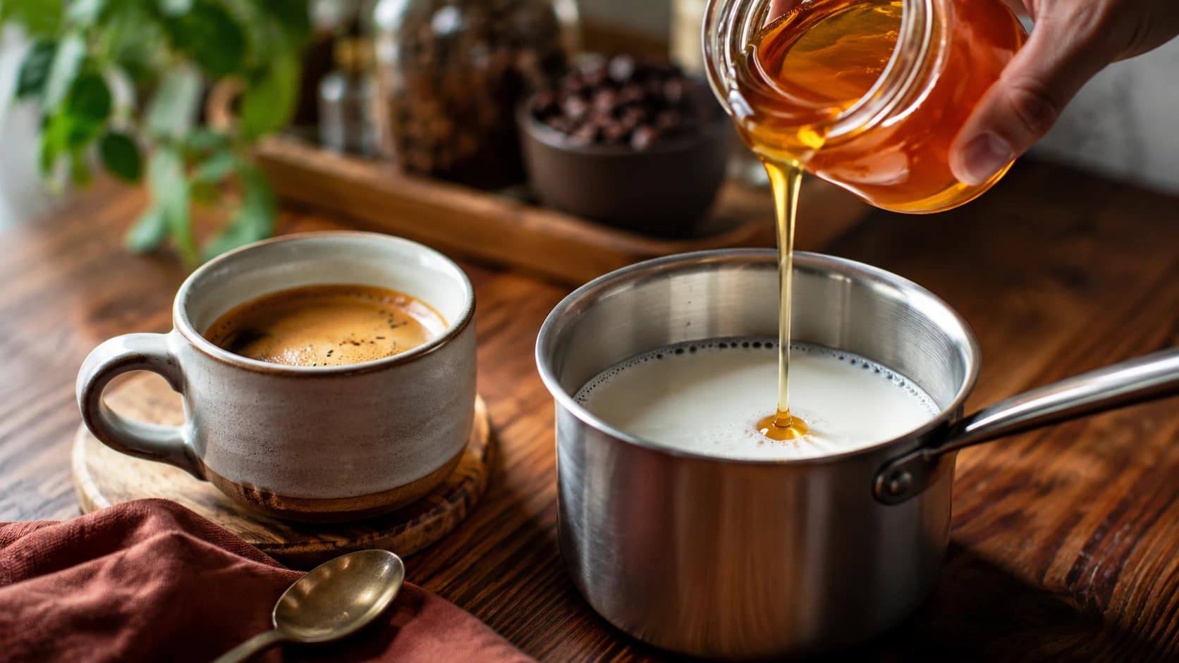 Honey being poured into warm milk beside freshly brewed espresso for café con miel