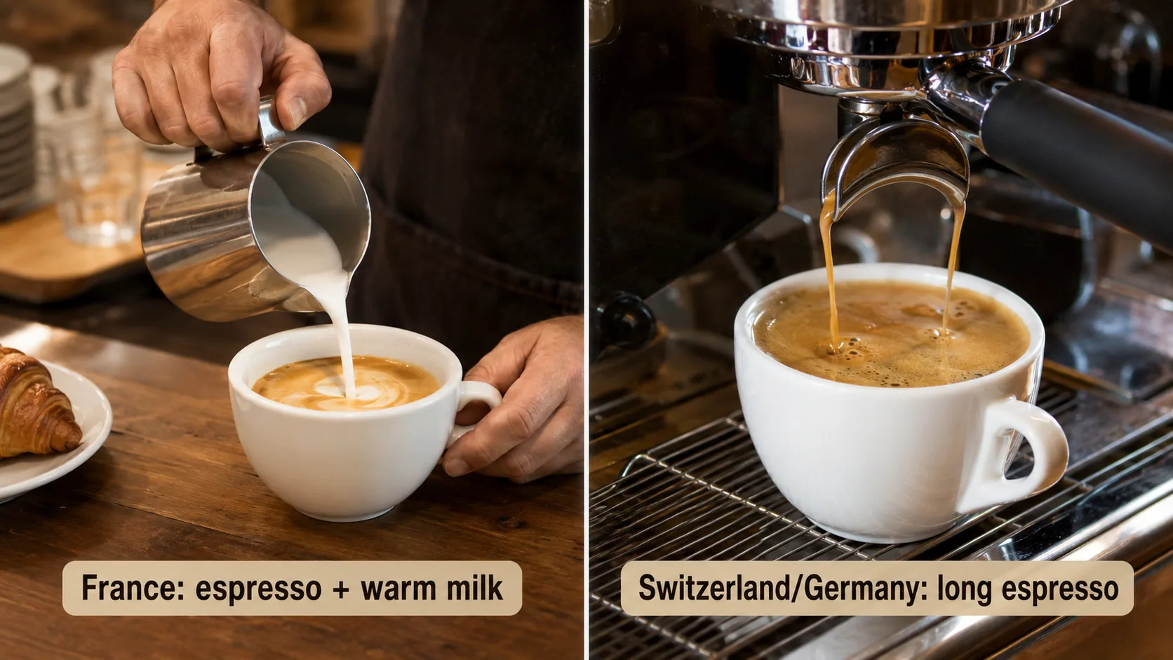 Cafe creme comparison showing French espresso with warm milk and Swiss long espresso styles
