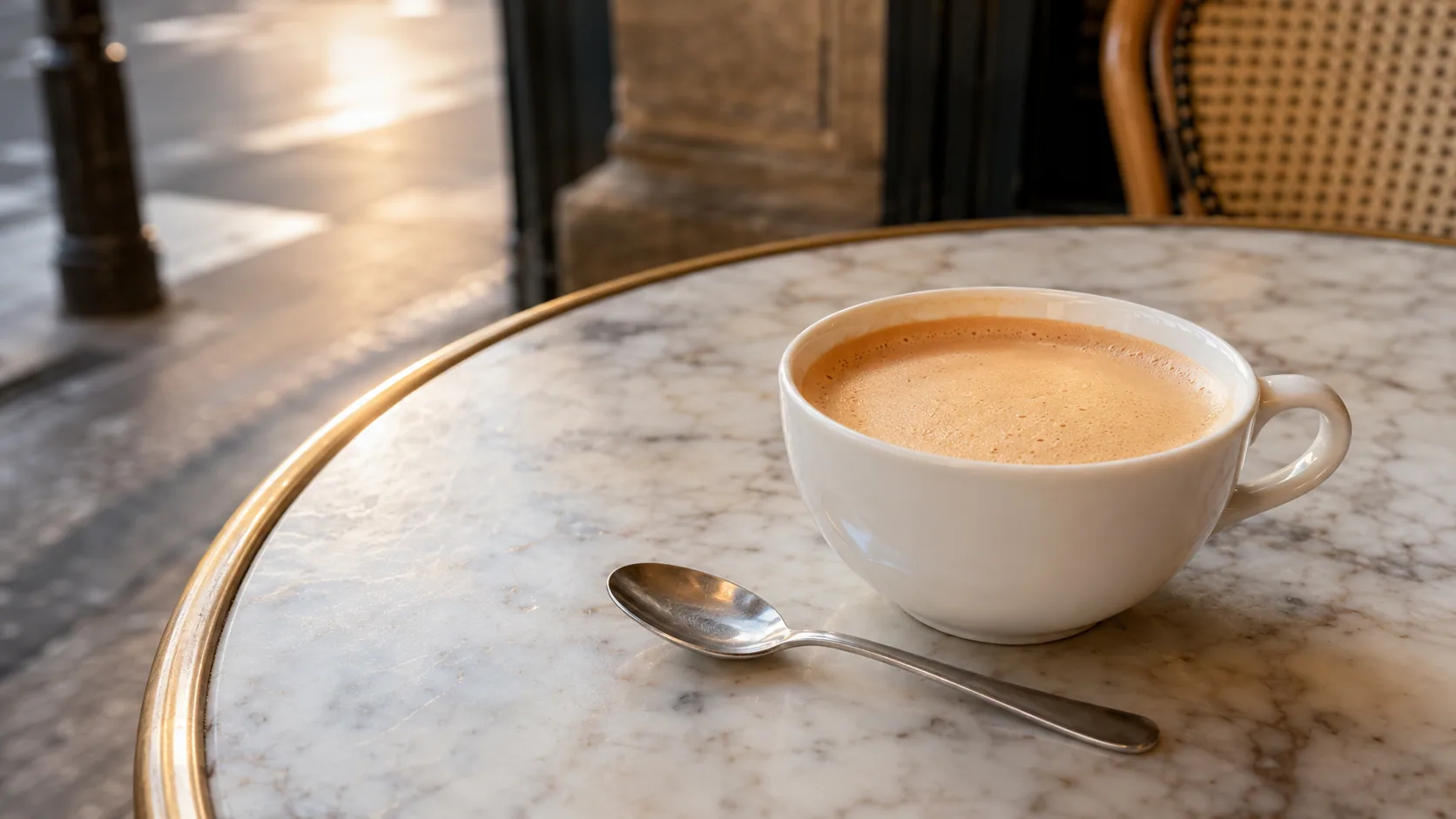 Cafe creme in a white cup on a Paris cafe marble table