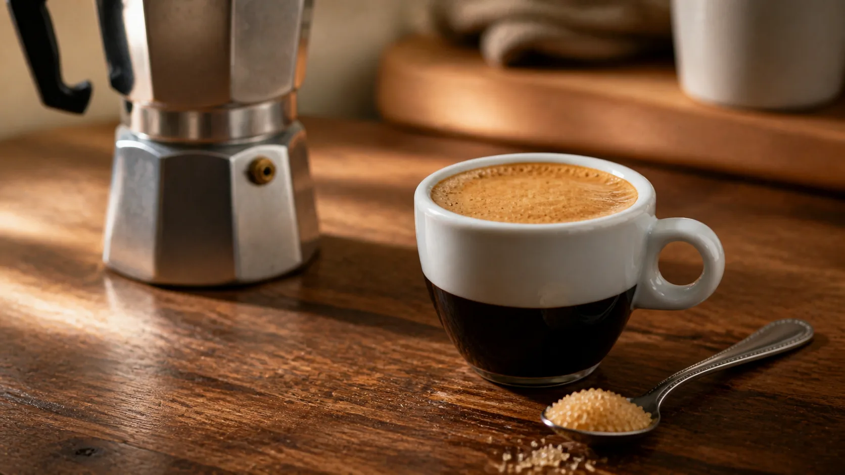 Cuban coffee in a demitasse cup with caramel espuma beside a moka pot