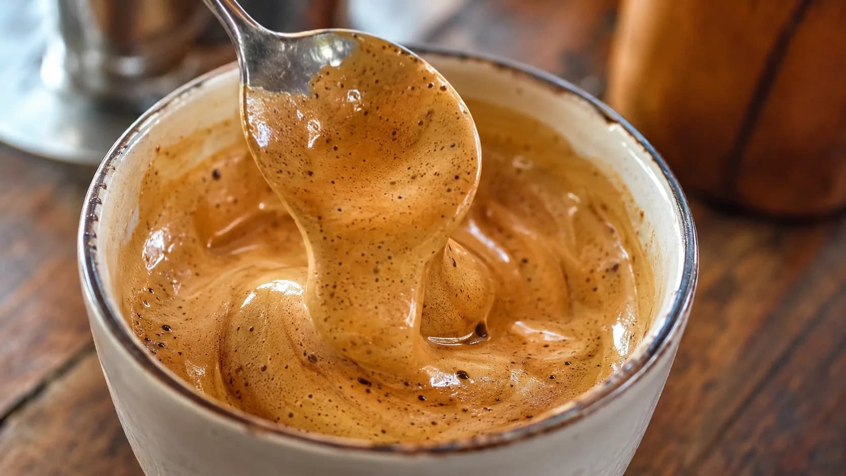 Glossy Cuban coffee espumita being lifted with a spoon