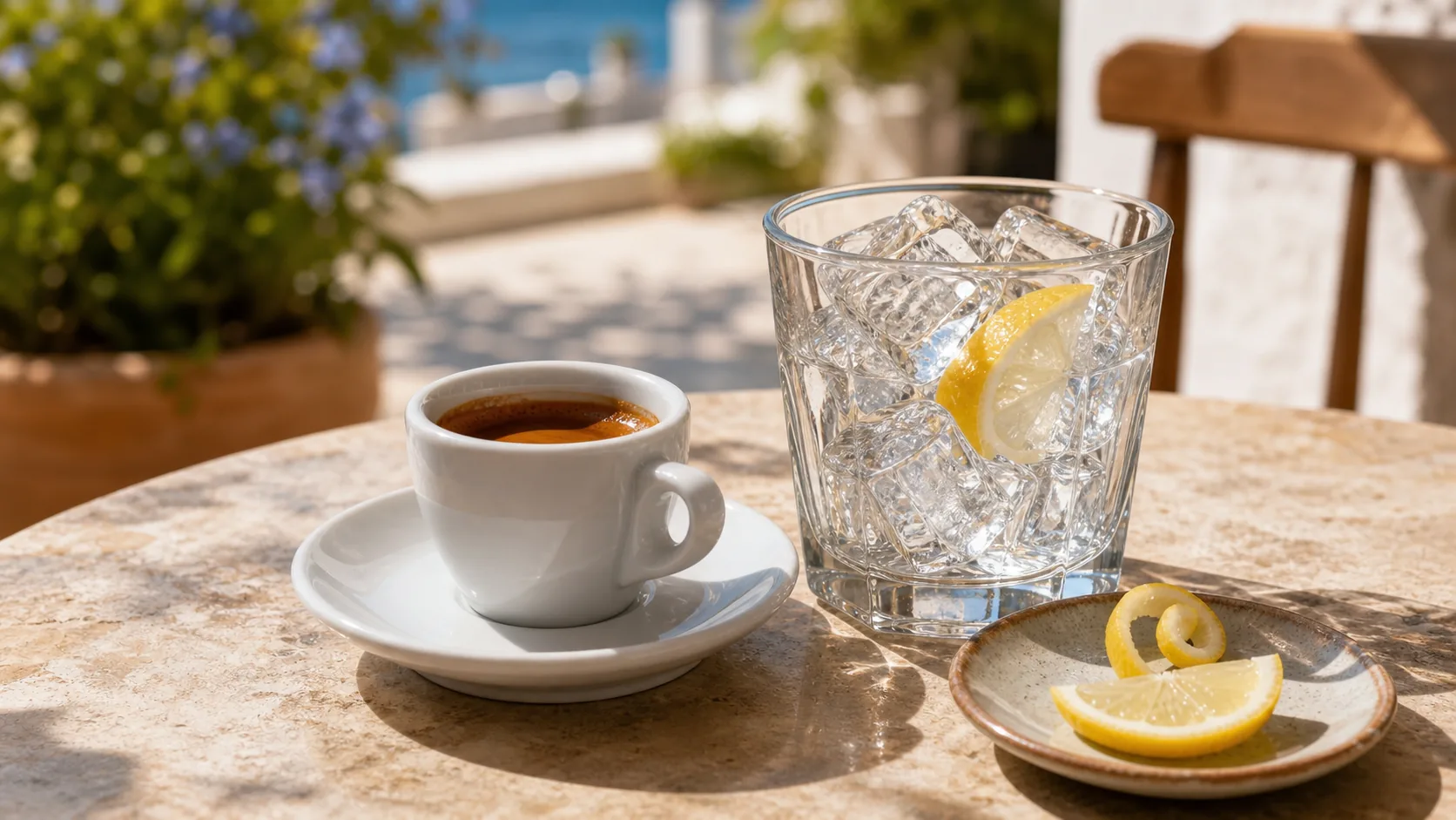Café del tiempo with espresso served beside ice and lemon on a sunny cafe table