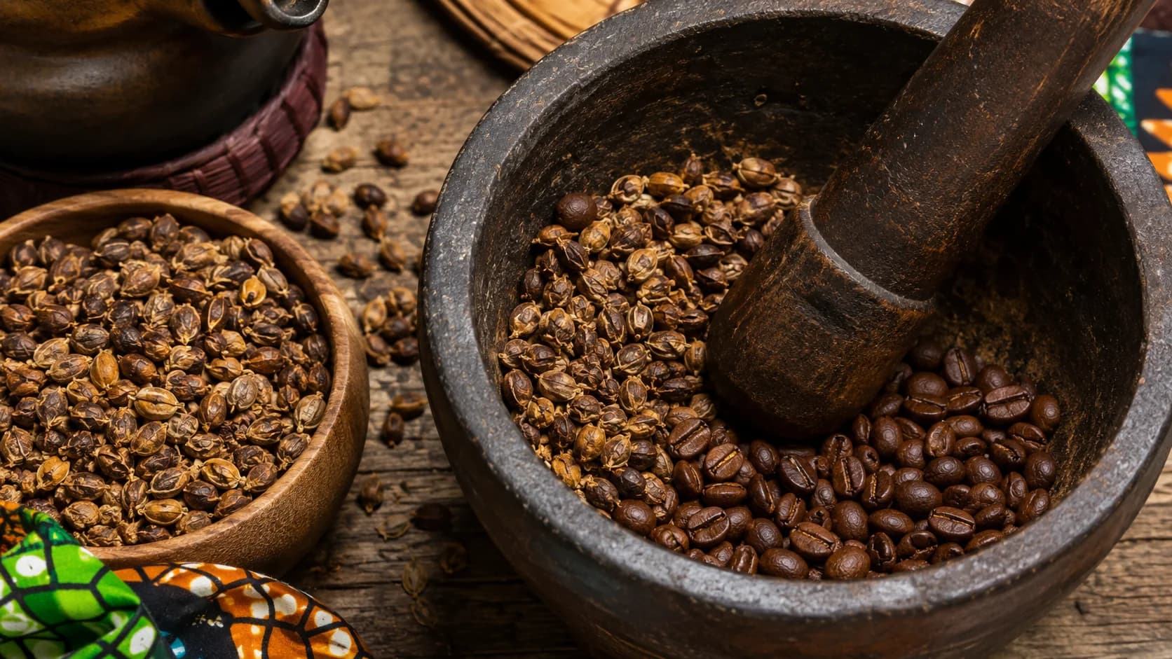 Cafe Touba coffee beans roasting with grains of Selim for Senegalese spiced coffee