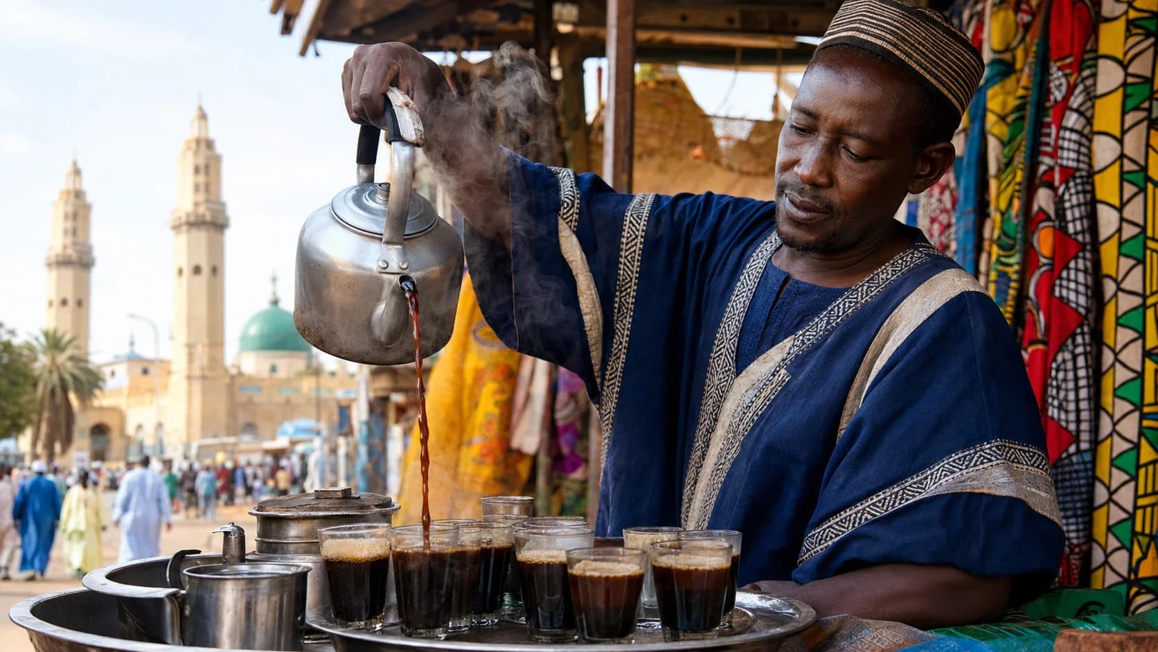 Cafe Touba served in small glasses with roasted coffee and grains of Selim nearby