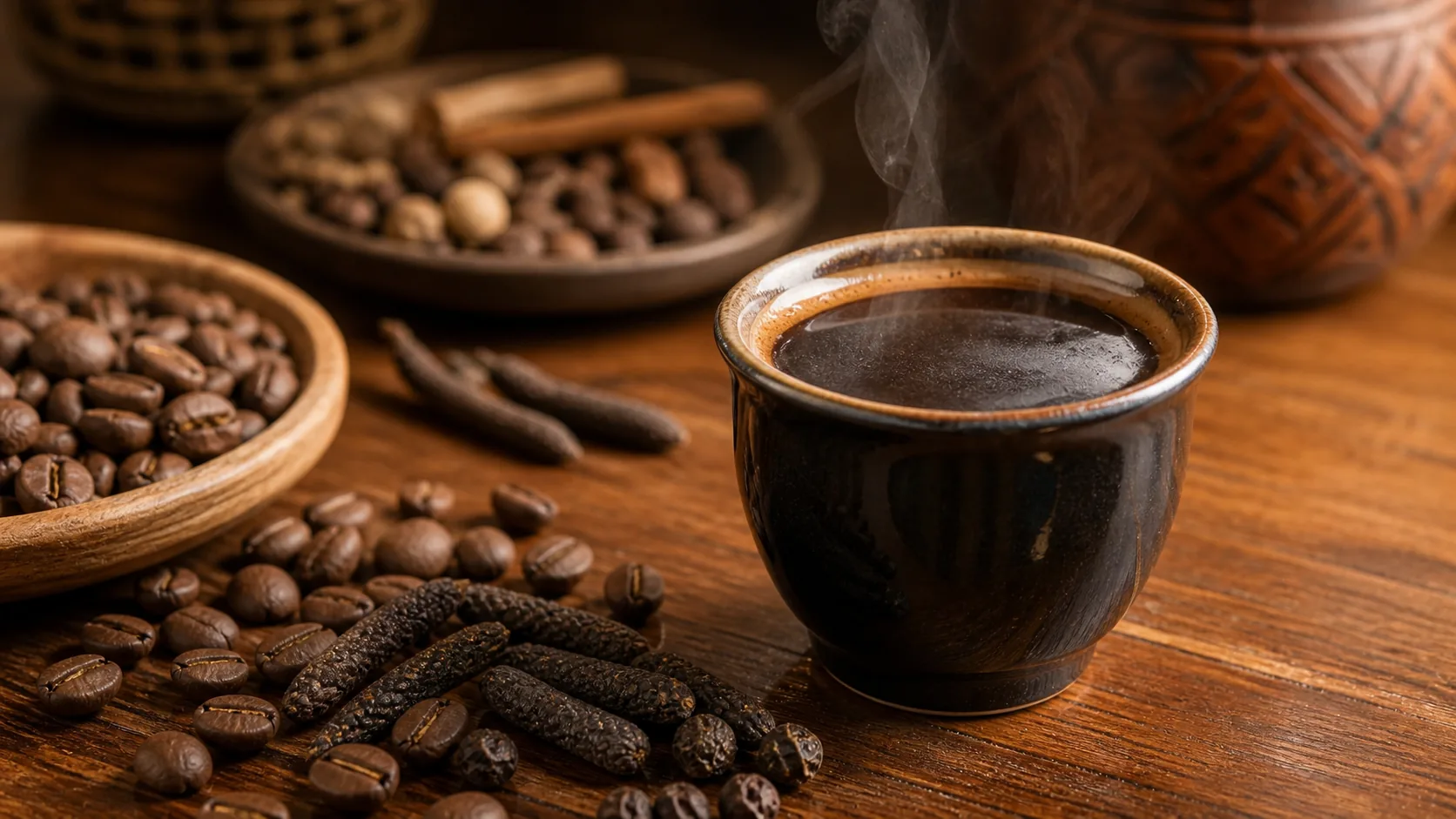 Café Touba spiced black coffee with coffee beans and whole spices