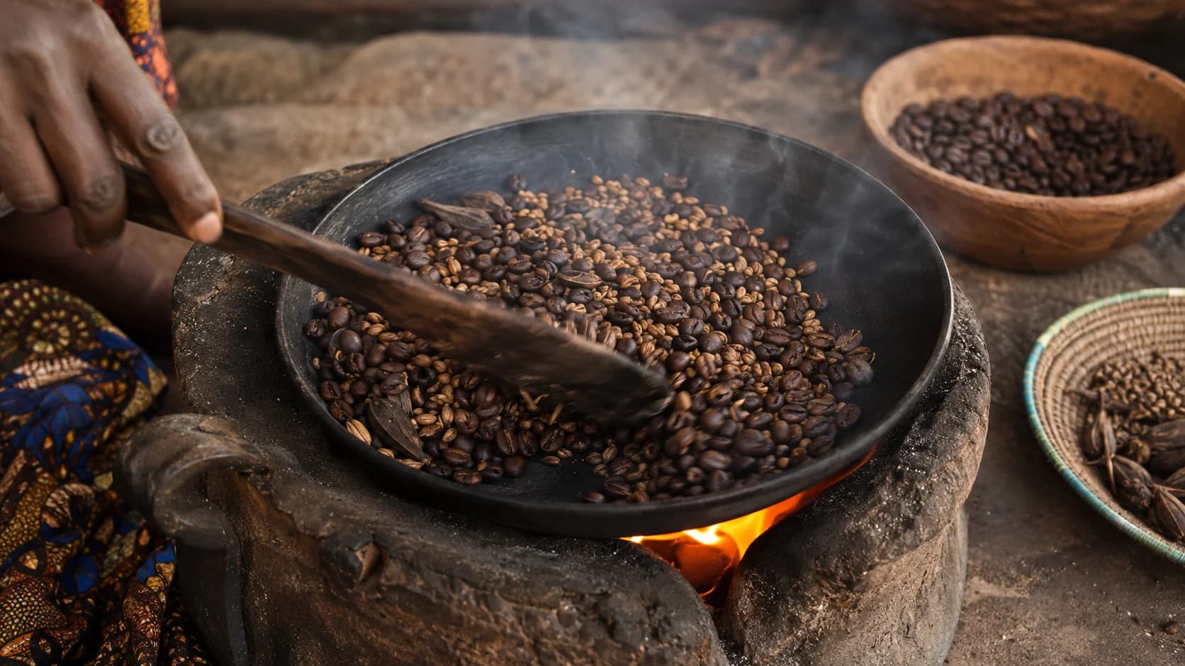Traditional Cafe Touba roasting setup with dark coffee beans and West African spices