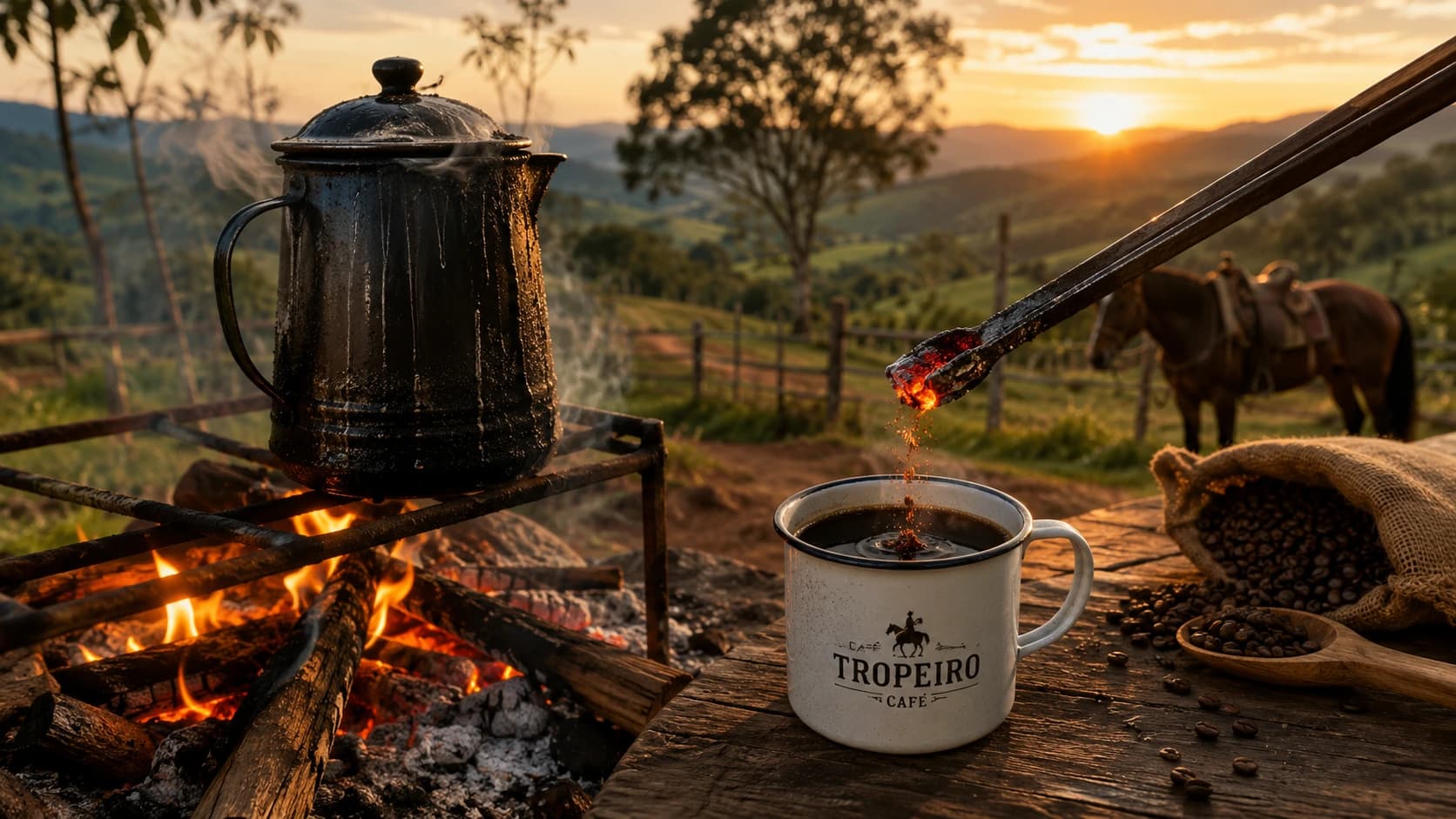 Cafe tropeiro brewed beside a campfire with a kettle, glowing ember, coffee beans, and Brazilian countryside