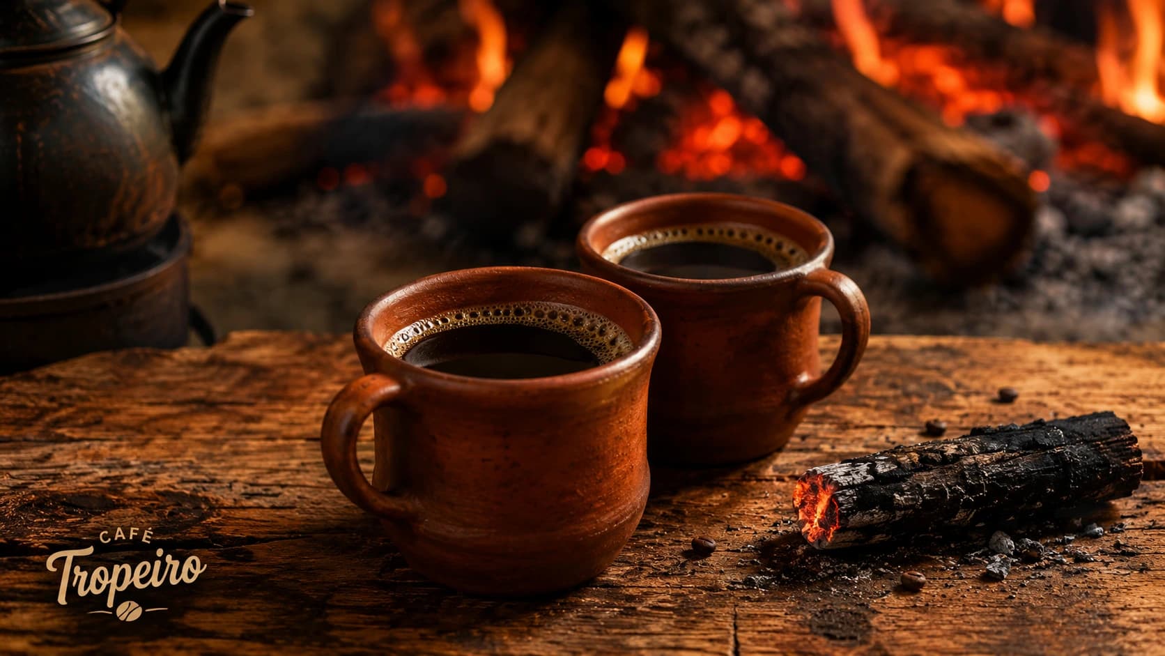 Two earthen mugs of unfiltered cafe tropeiro coffee beside a Brazilian campfire