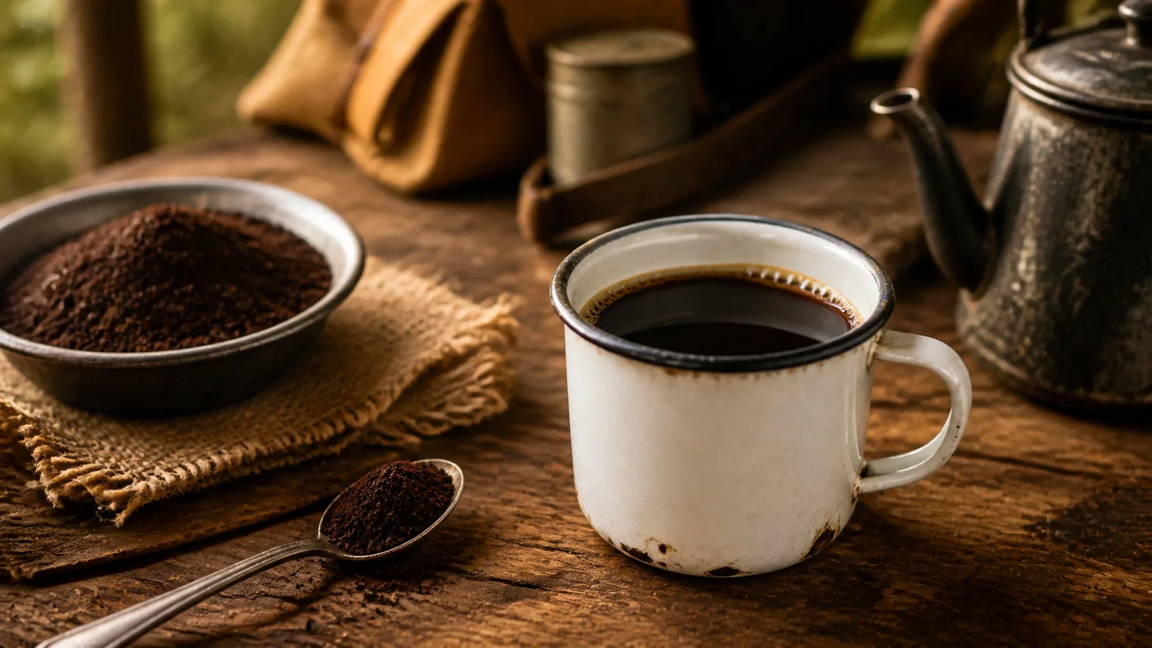 Café tropeiro in a rustic enamel mug with coffee grounds and an old kettle
