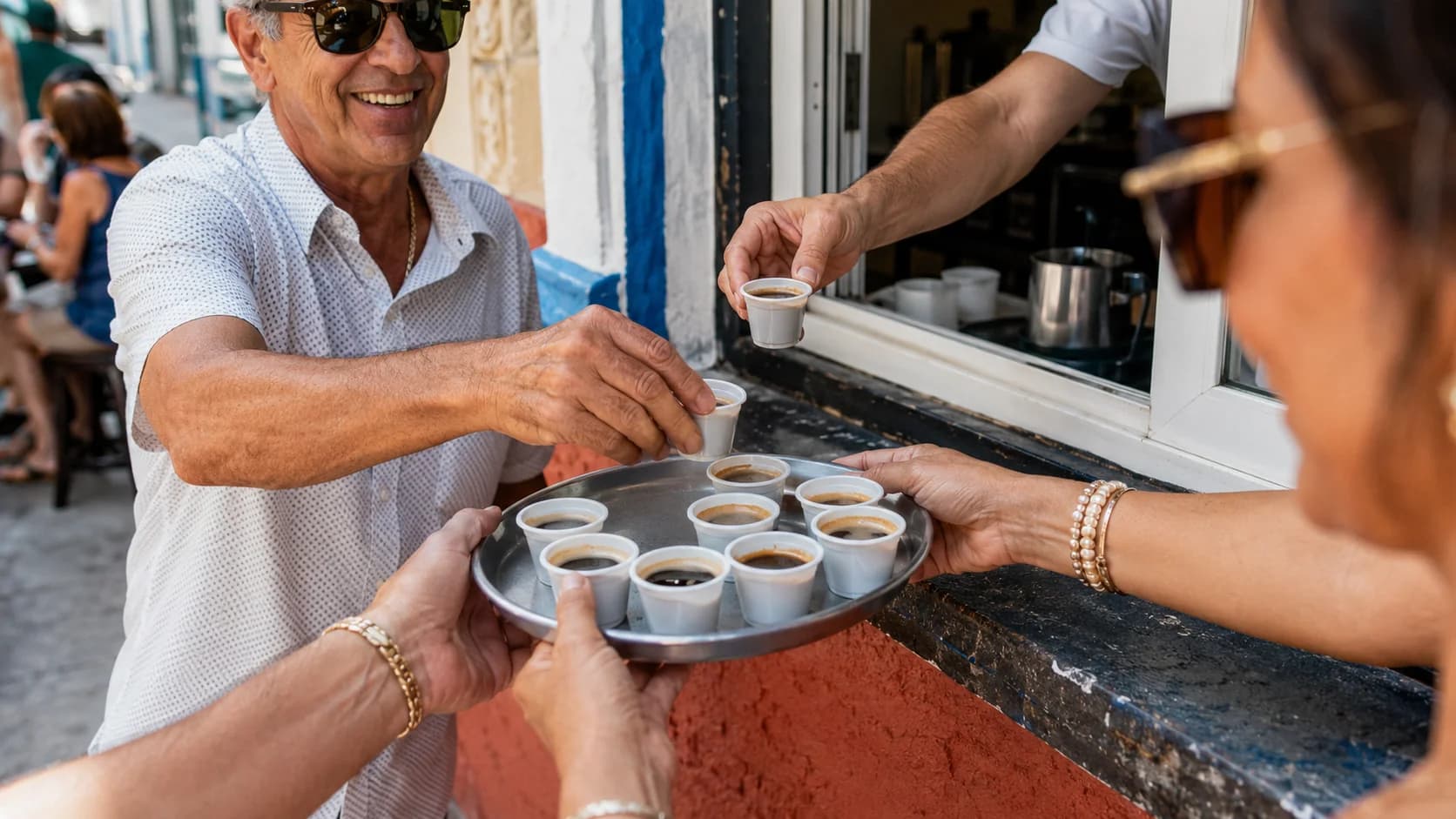 Cafecito cups being served from a Cuban coffee window on a metal tray