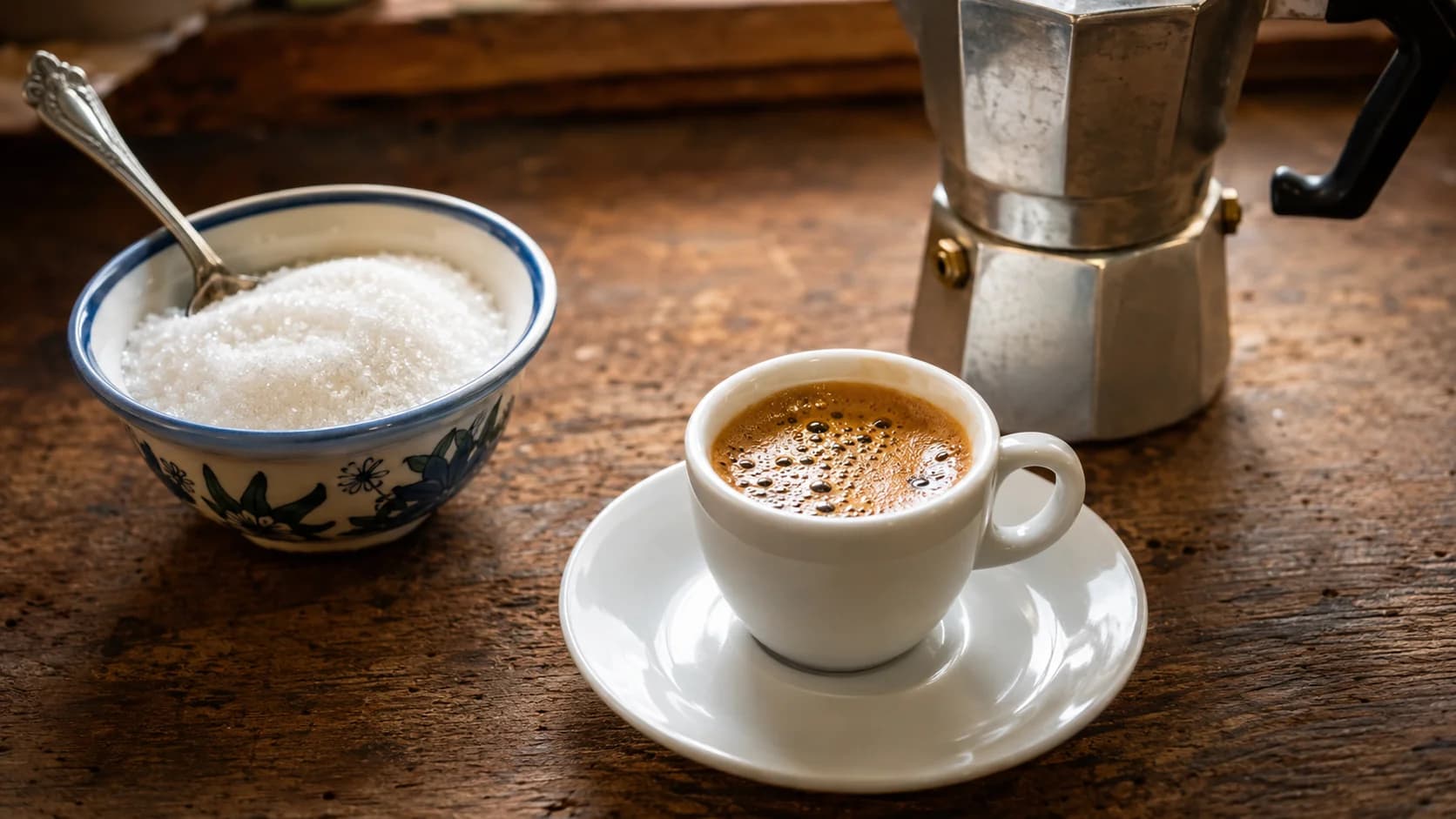 Cafecito in a demitasse cup beside a moka pot and bowl of sugar