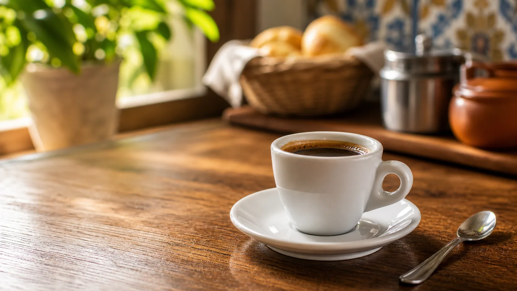 Brazilian cafezinho in a small white cup on a warm kitchen table