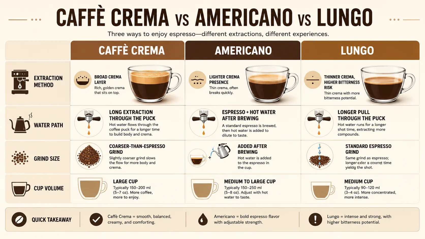 Caffè crema comparison infographic showing differences from Americano and lungo