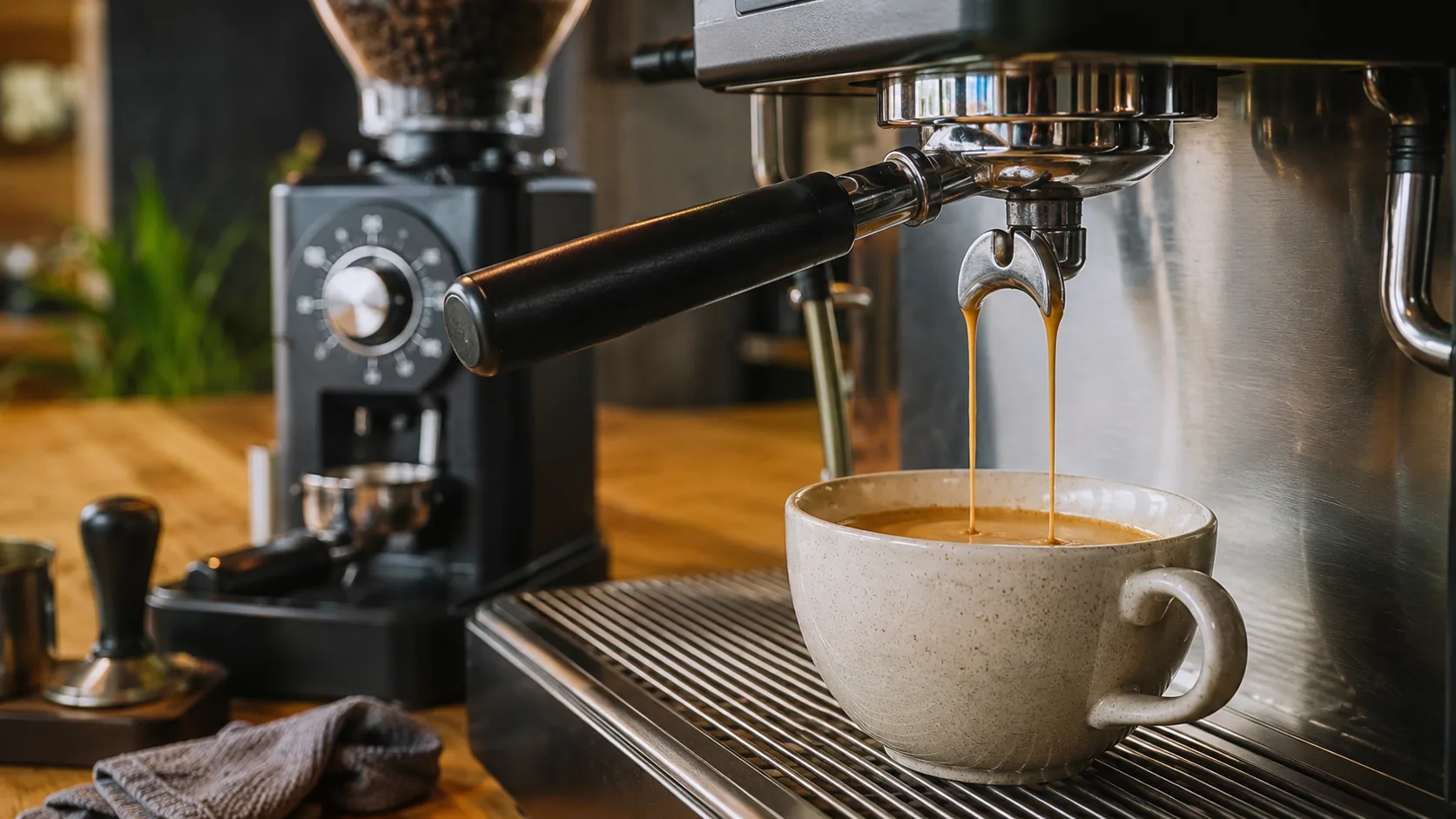 Caffè crema extracting from an espresso machine into a large ceramic cup
