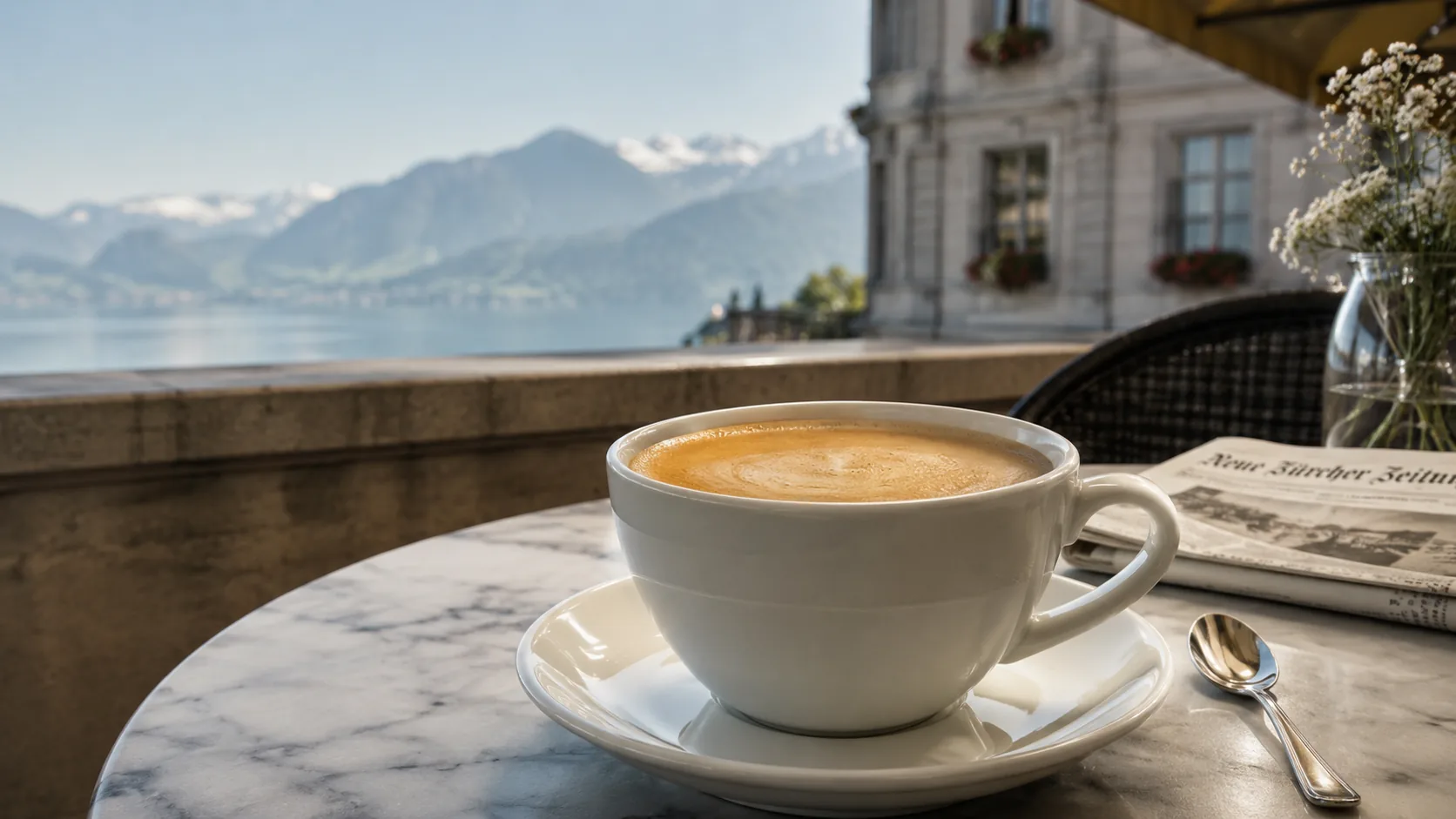 Caffè crema in a large cup on a Swiss cafe table with lake and mountains behind it