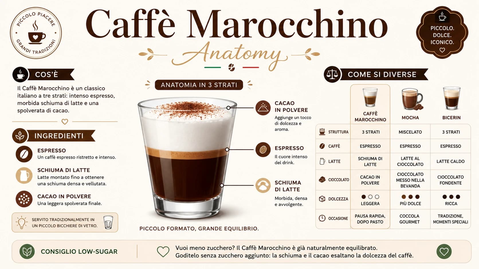 Caffe marocchino infographic showing cocoa powder, espresso, milk foam, and comparison to mocha and bicerin